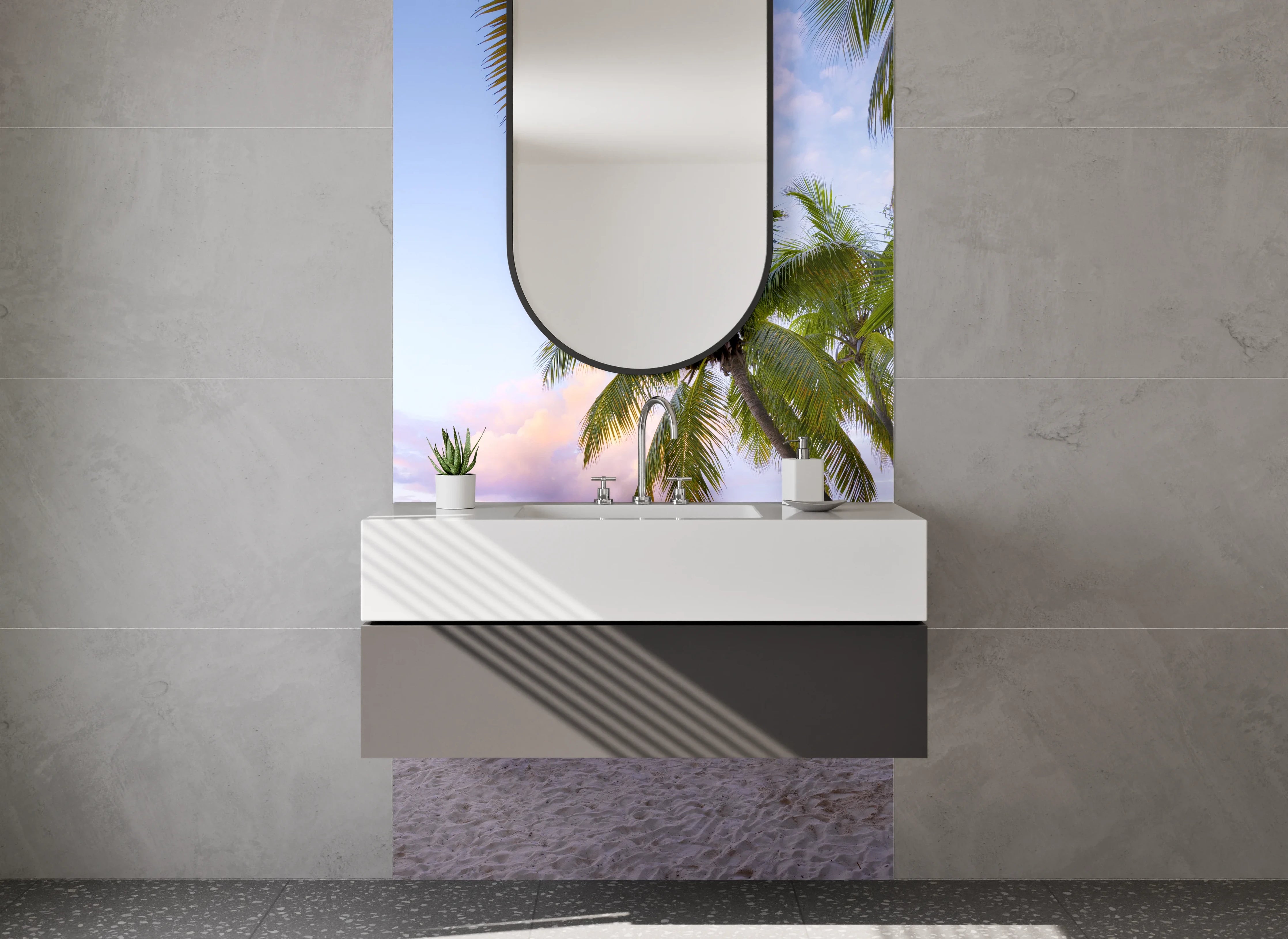 Waschbecken-Rückwand - Strand mit Palmen bei Sonnenaufgang