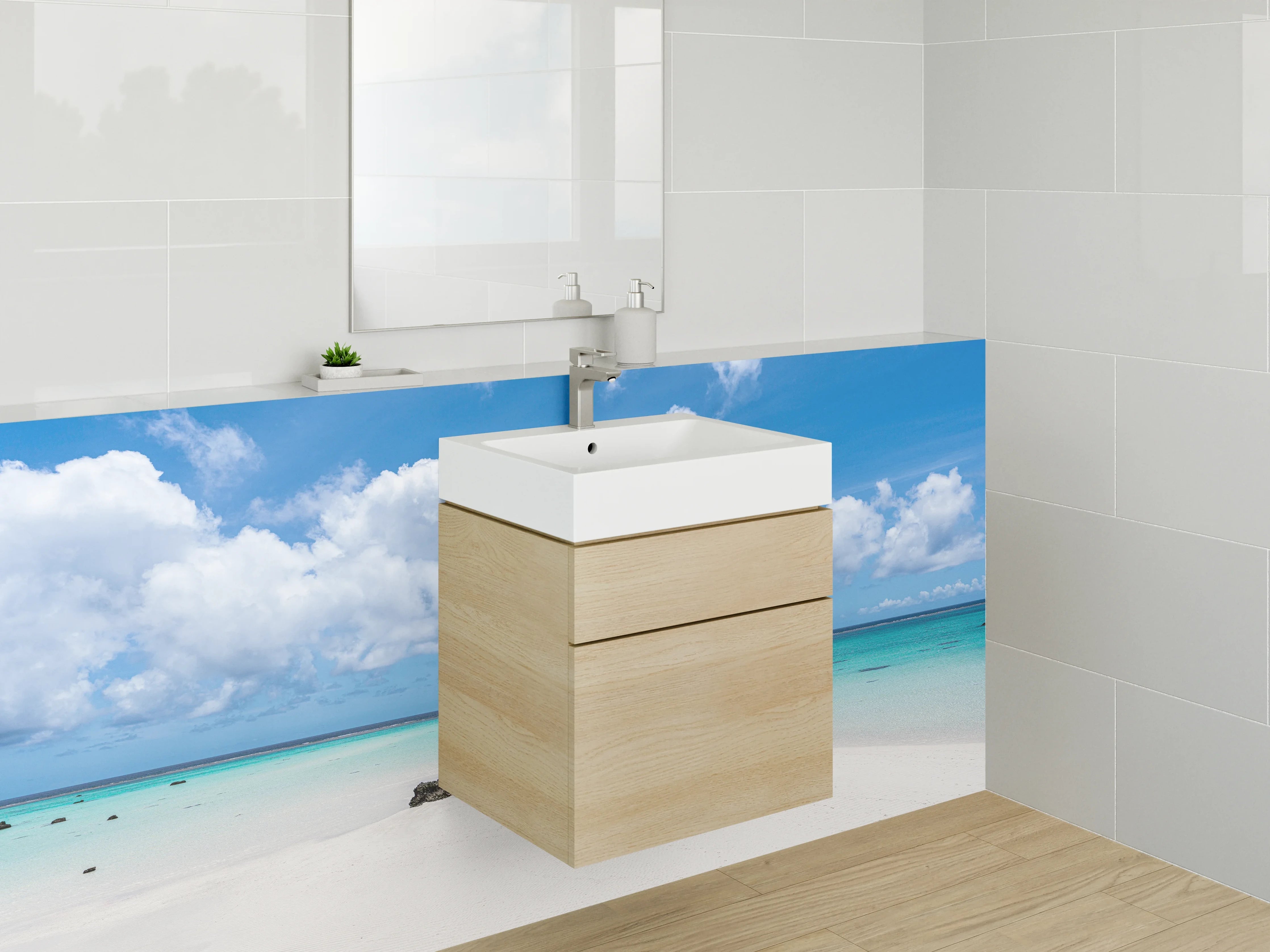Waschbecken-Rückwand - Strand mit weißen Sand und blauen Himmel