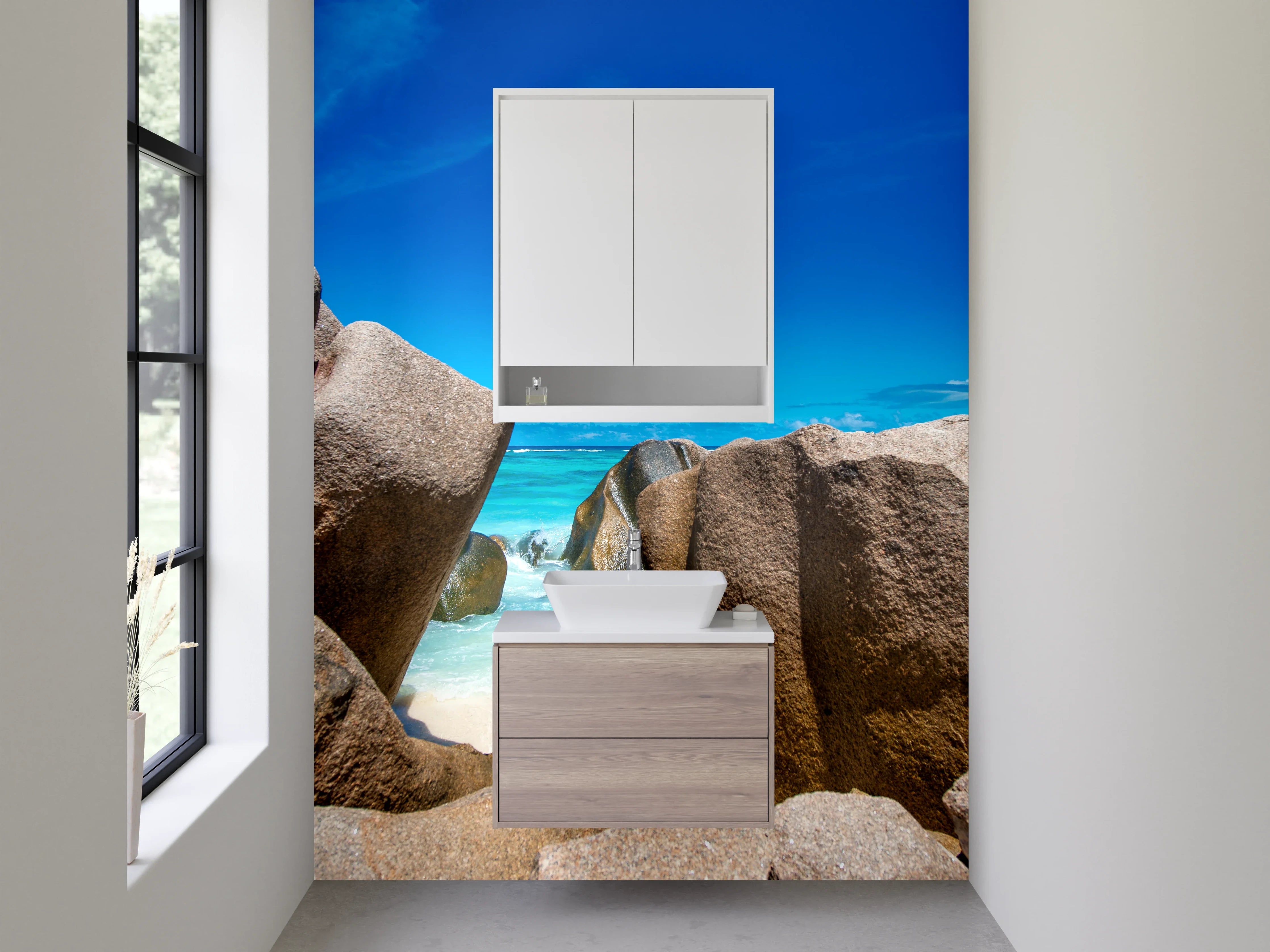 Waschbecken-Rückwand - Strand und Granitfelsen – Naturmotiv