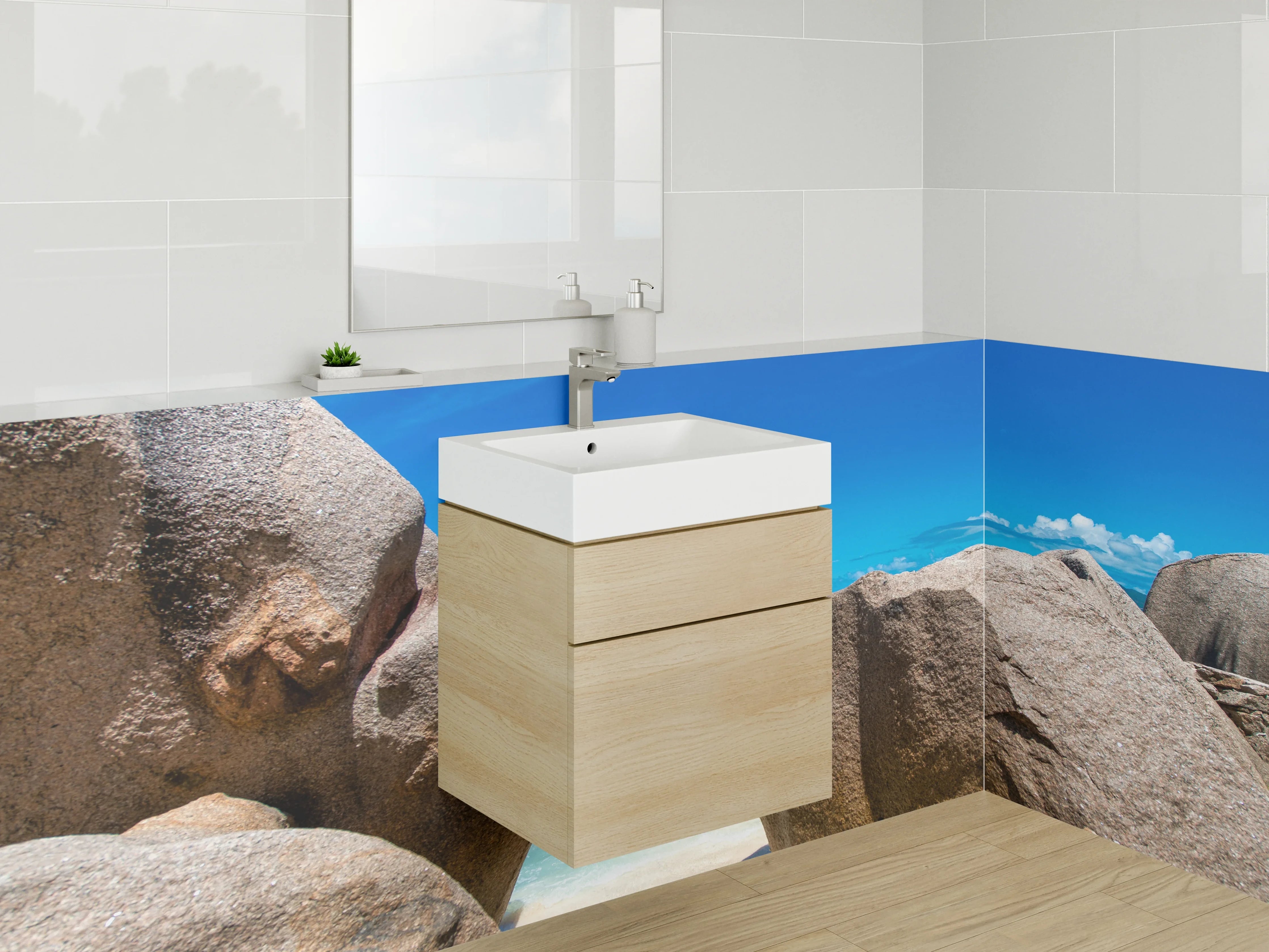 Waschbecken-Rückwand - Strand und Granitfelsen – Naturmotiv