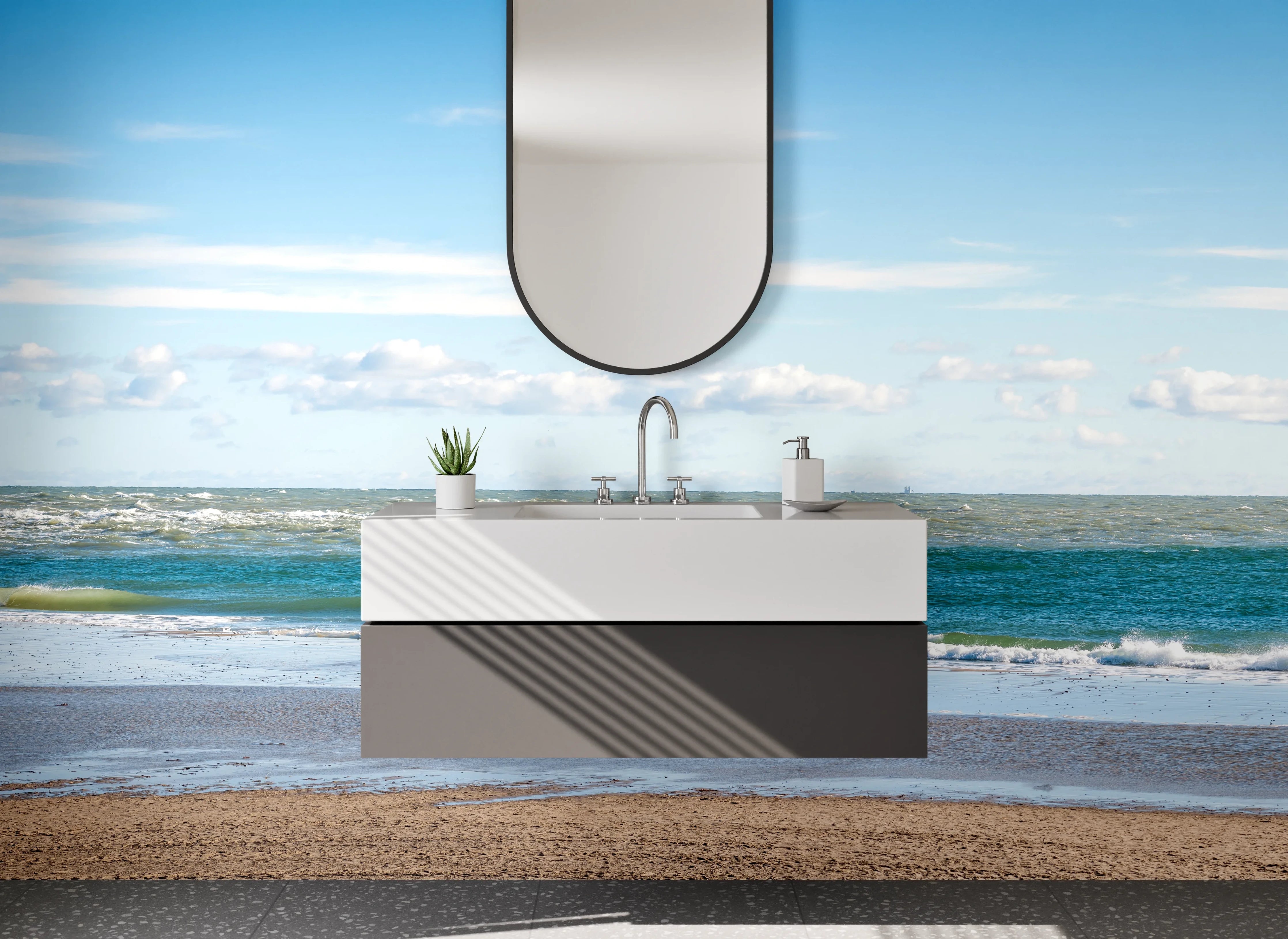 Waschbecken-Rückwand - Strand und Meeresrauschen bei Sonnenschein