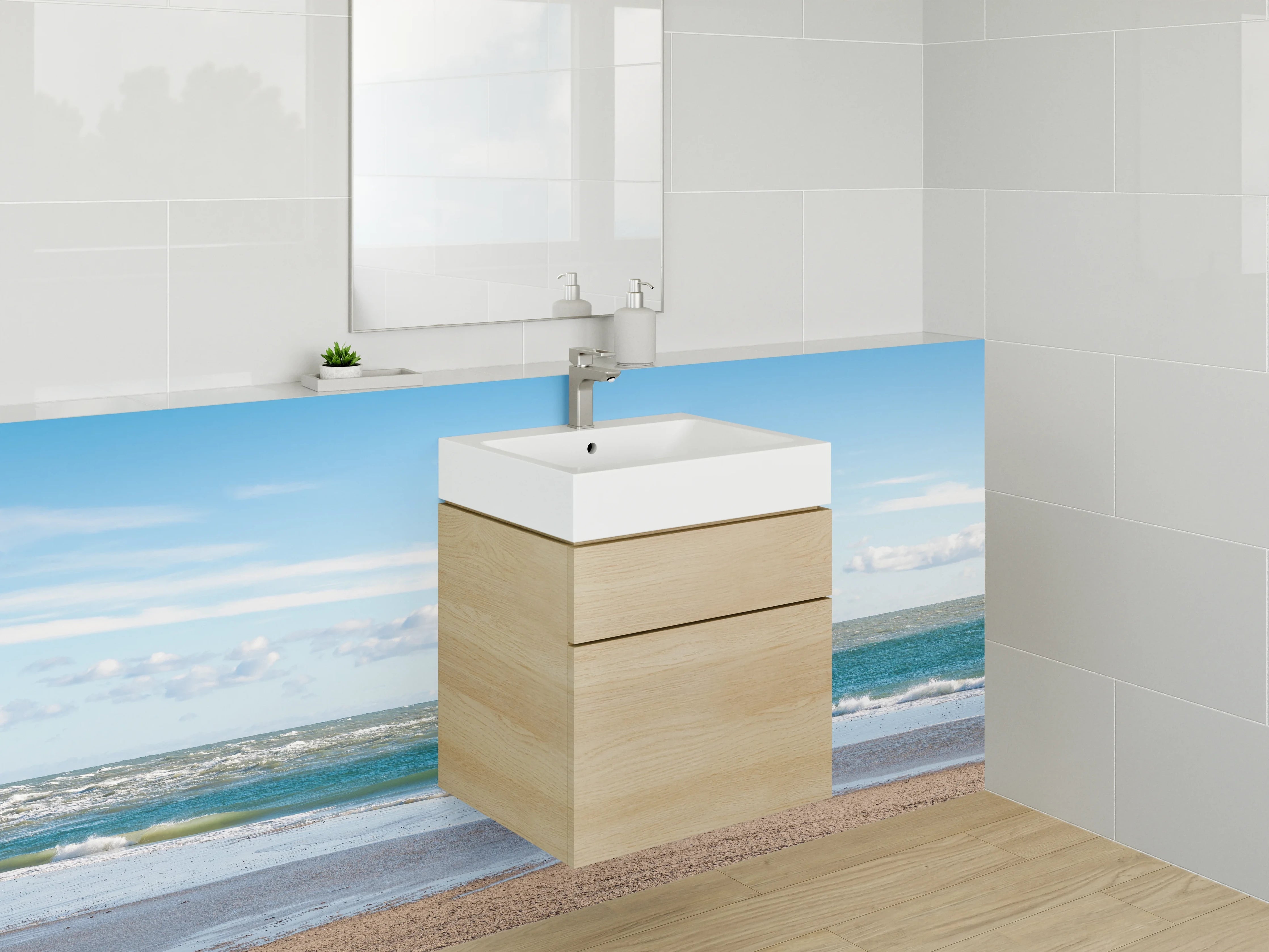 Waschbecken-Rückwand - Strand und Meeresrauschen bei Sonnenschein