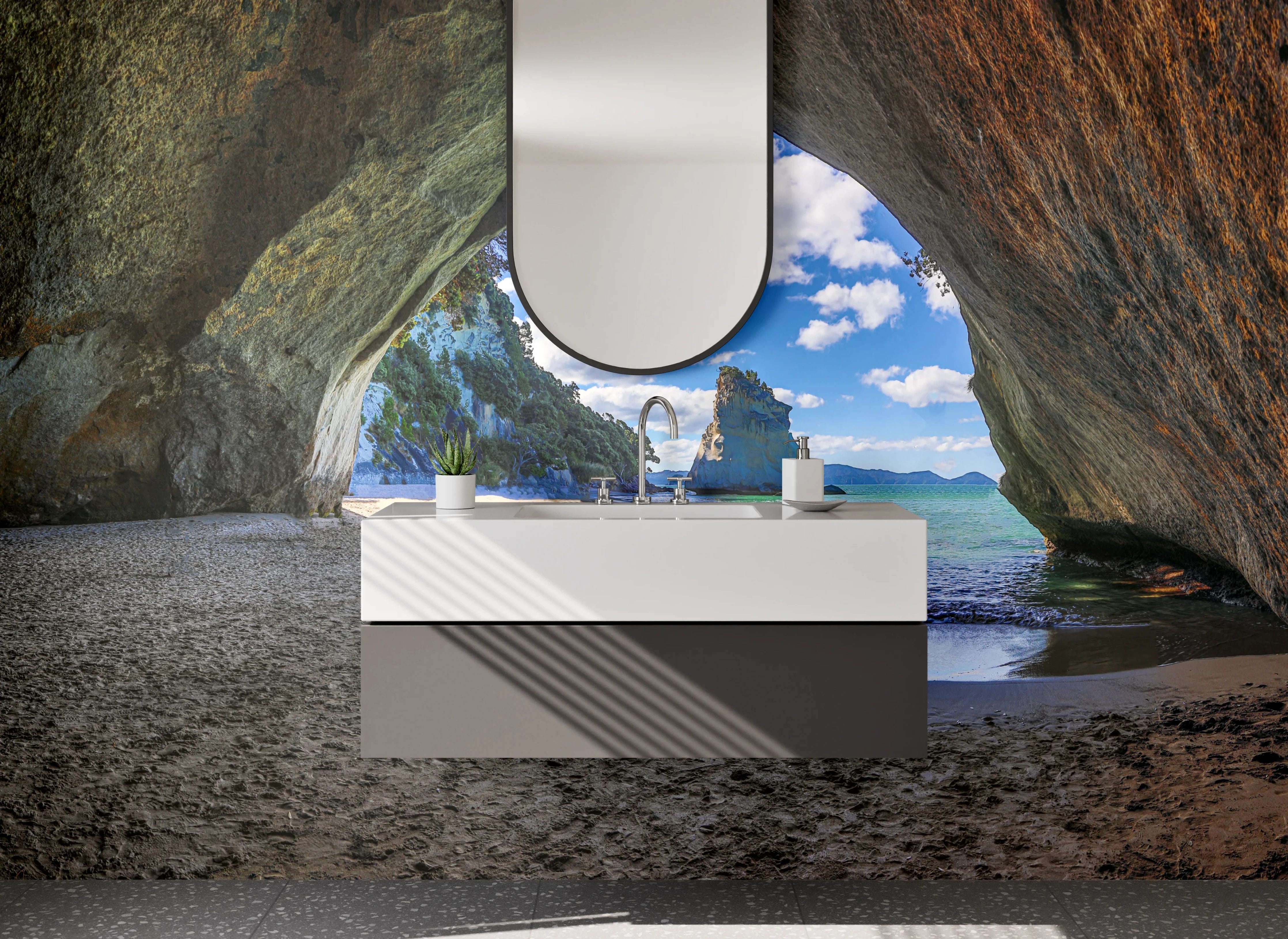 Waschbecken-Rückwand - Strandhöhle mit Blick aufs Meer