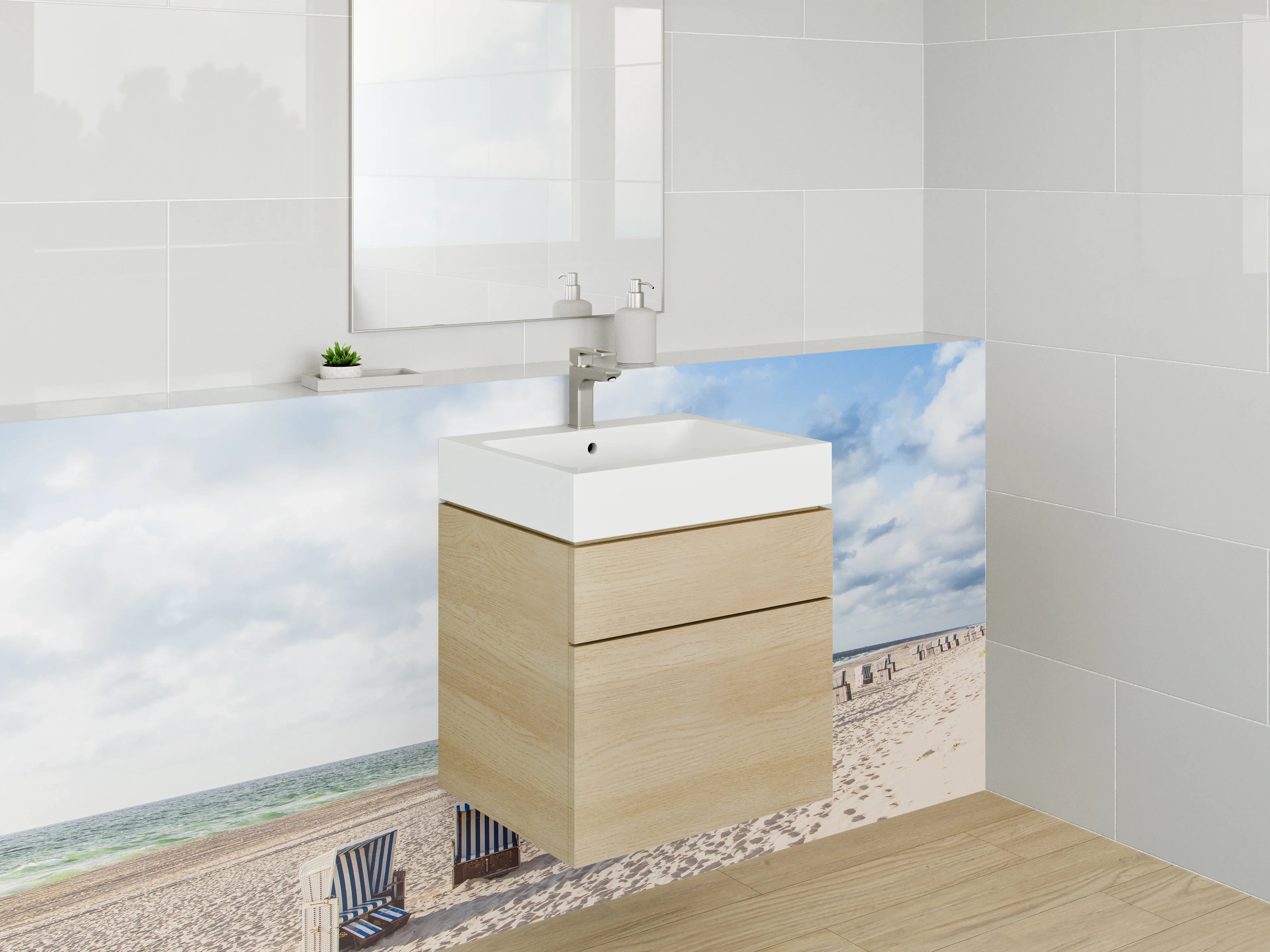 Waschbecken-Rückwand - Strandkörbe am leeren Nordseestrand
