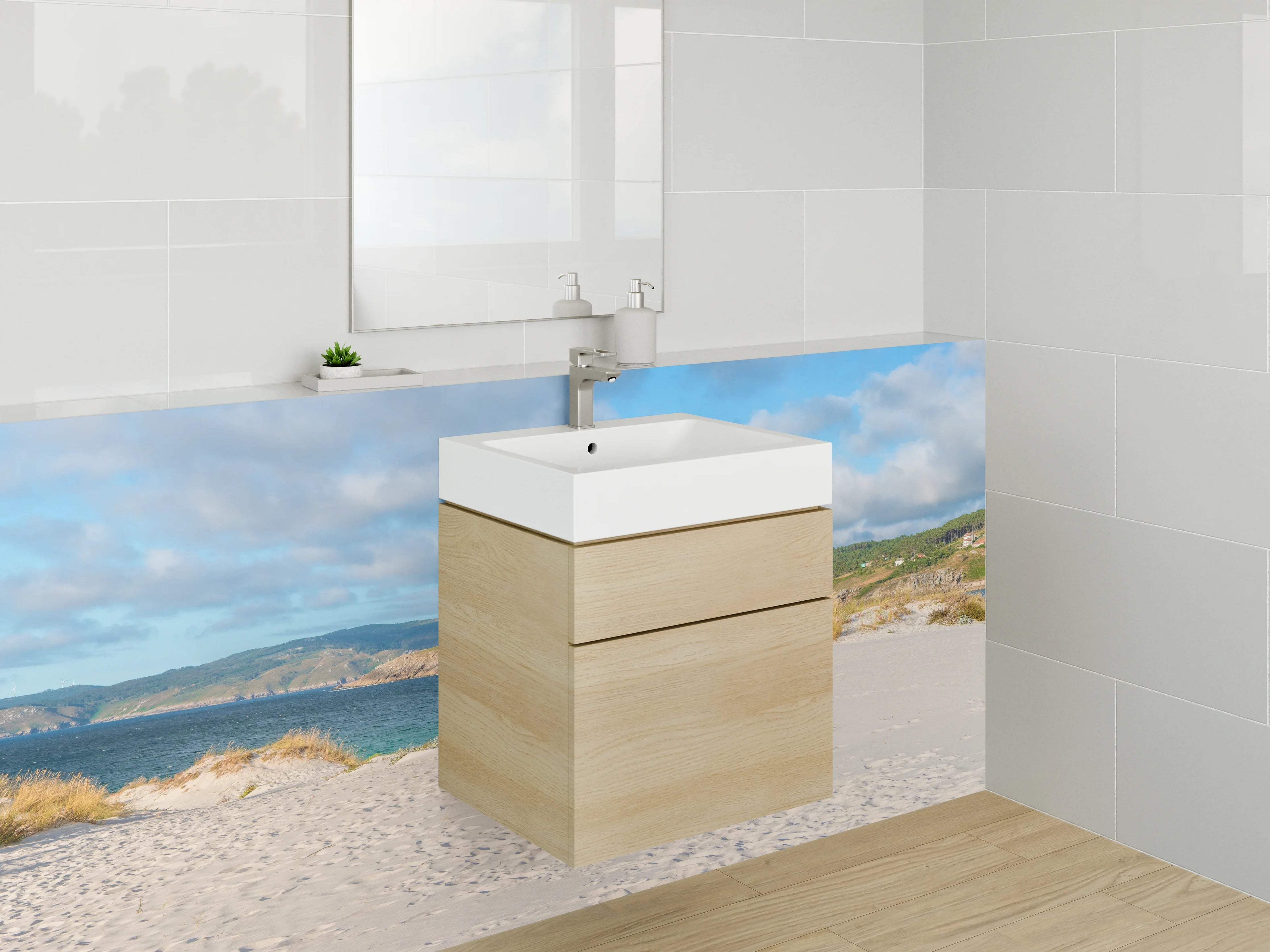 Waschbecken-Rückwand - Strandpanorama mit Himmel und Bergen
