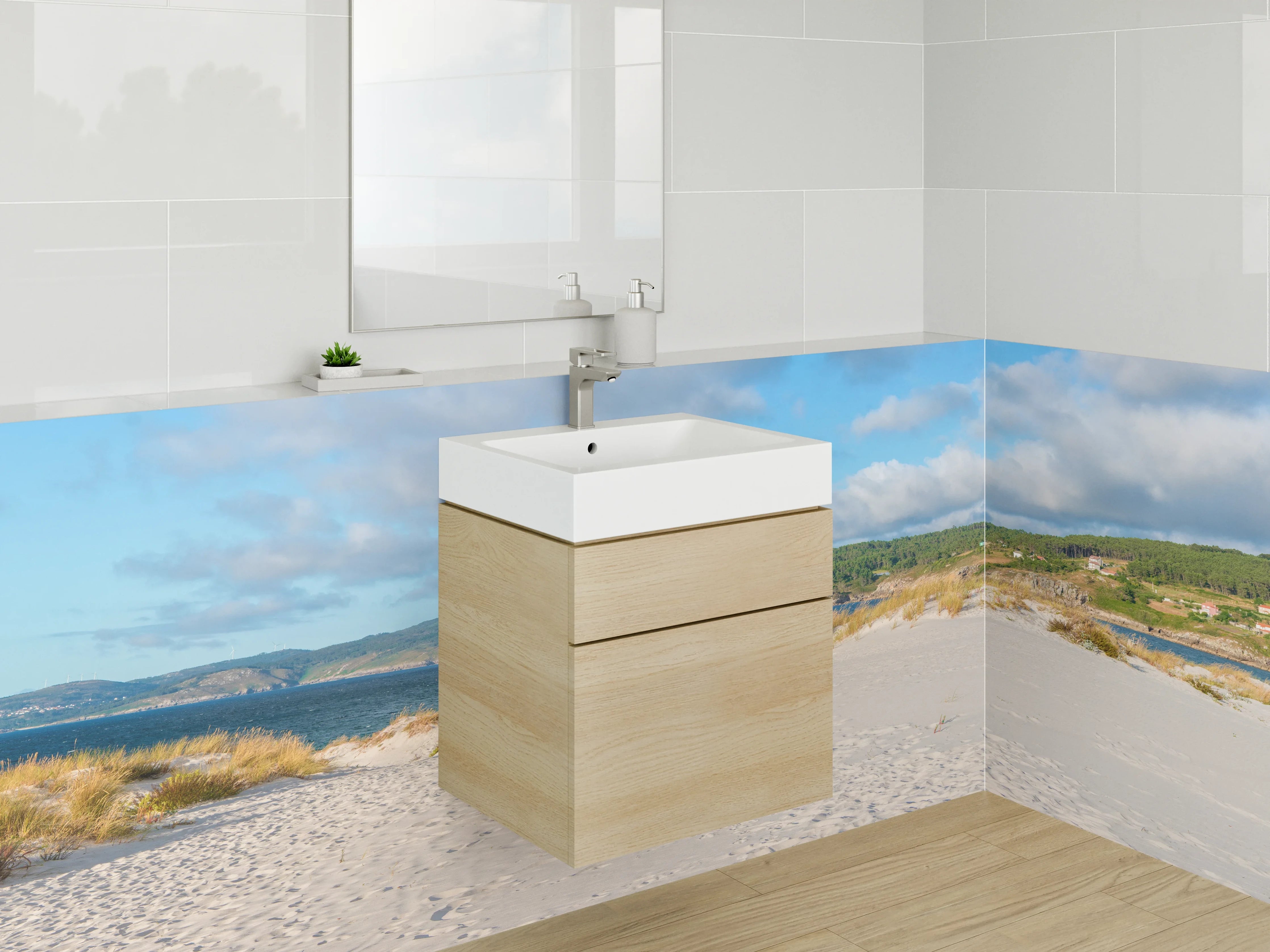 Waschbecken-Rückwand - Strandpanorama mit Himmel und Bergen