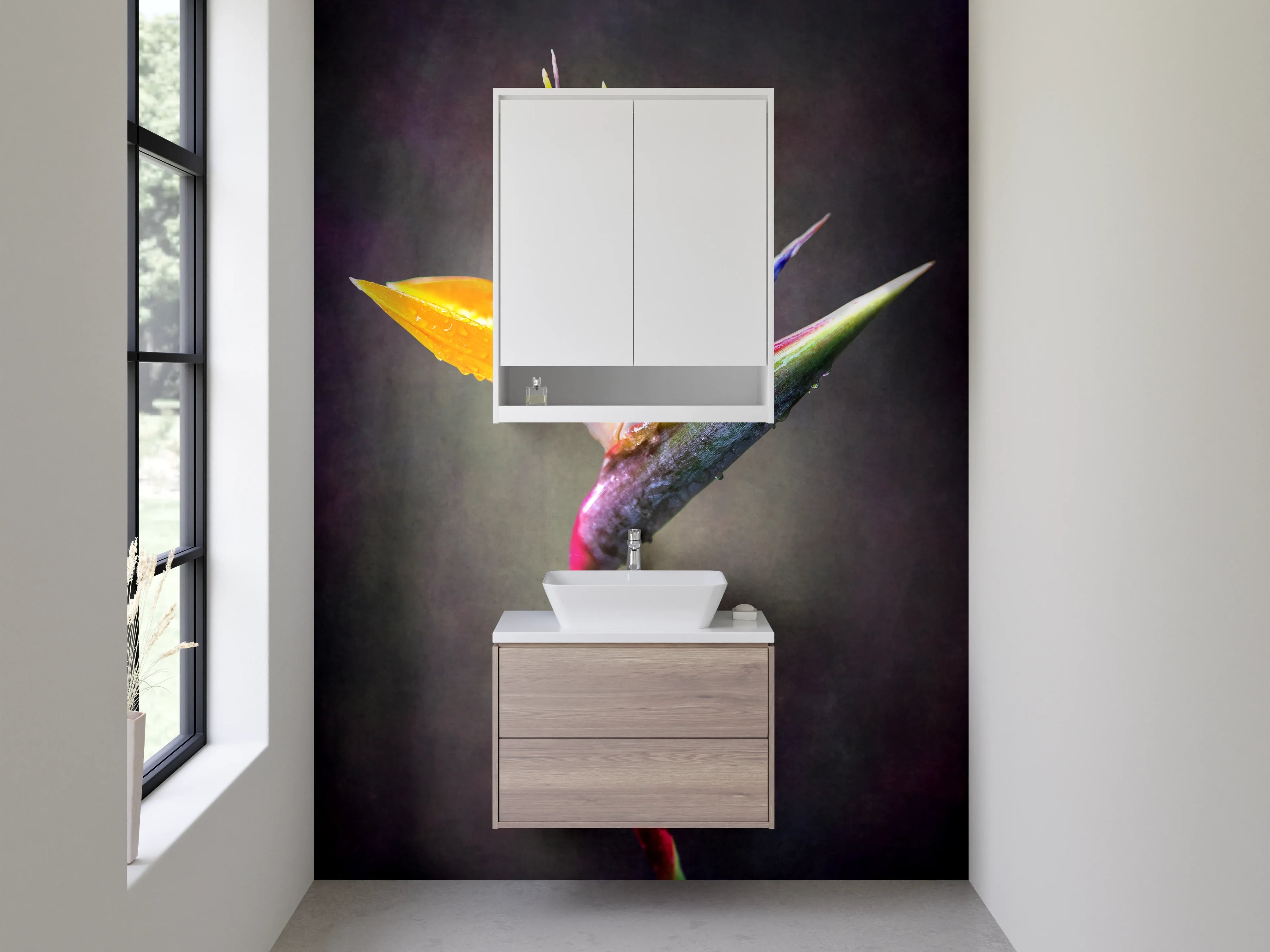 Waschbecken-Rückwand - Strelitzien Blüte – Exotische Pflanzenkunst