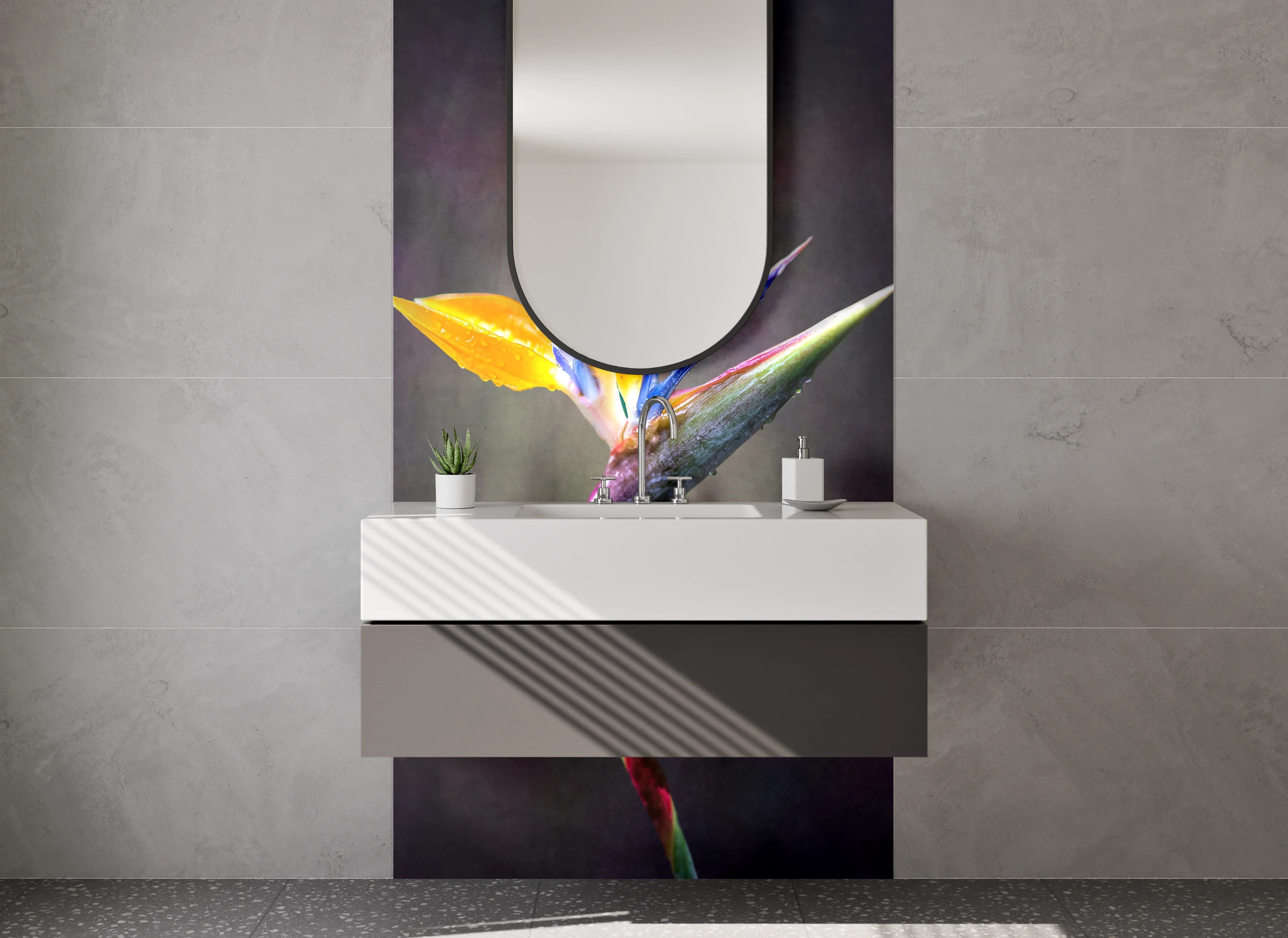 Waschbecken-Rückwand - Strelitzien Blüte – Exotische Pflanzenkunst