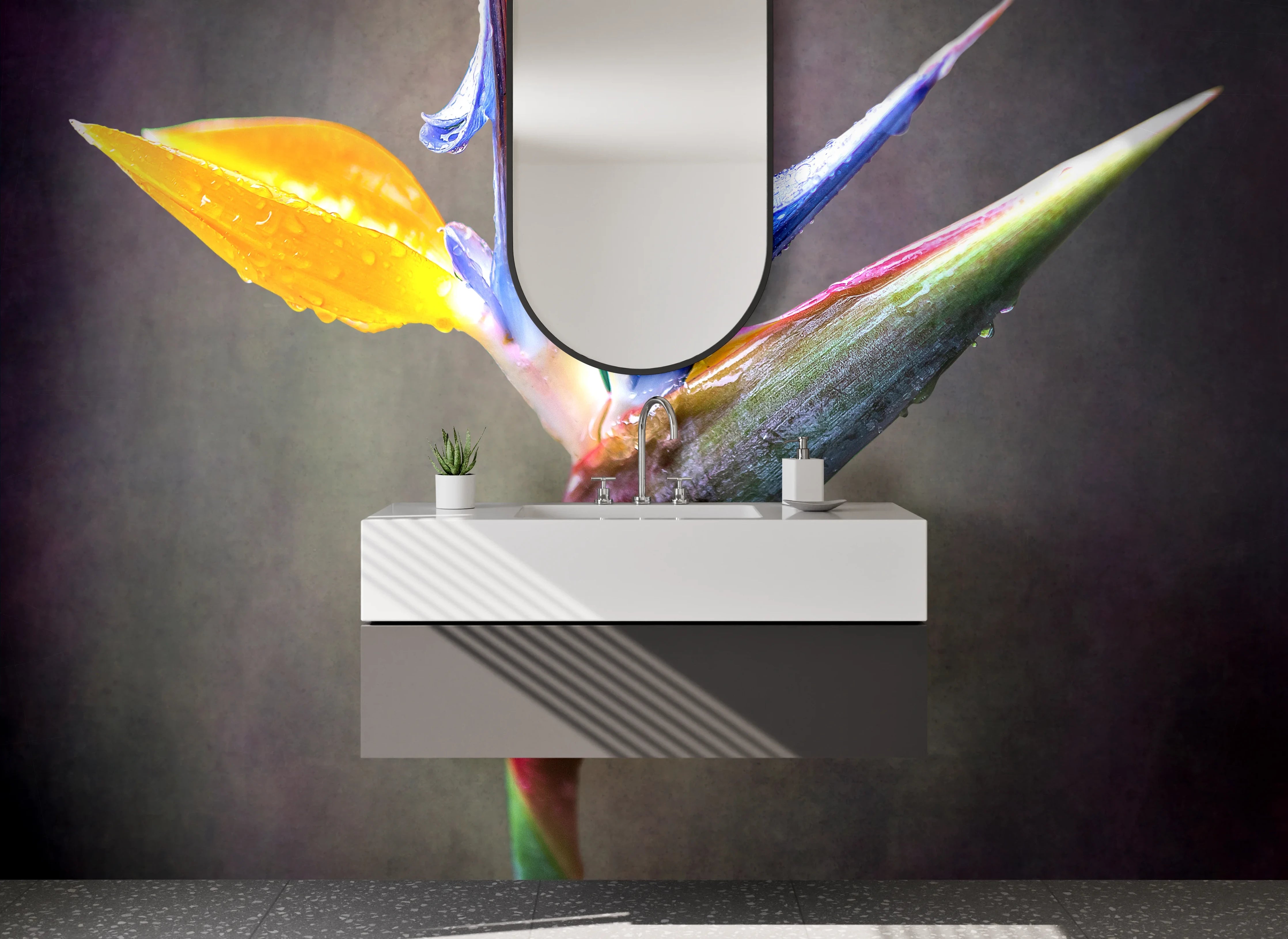 Waschbecken-Rückwand - Strelitzien Blüte – Exotische Pflanzenkunst