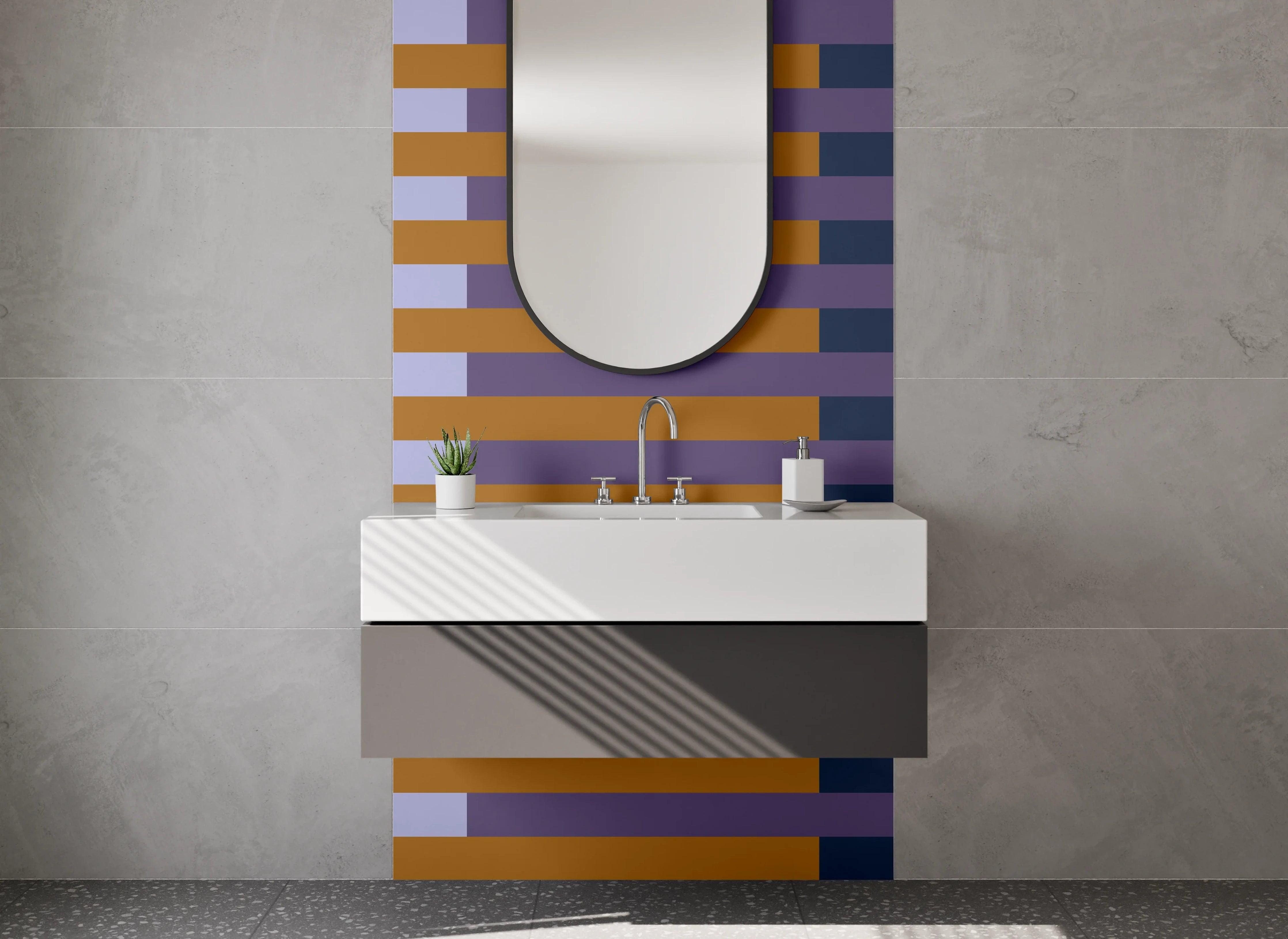 Waschbecken-Rückwand - Stripes in Blau, Grau und Braun
