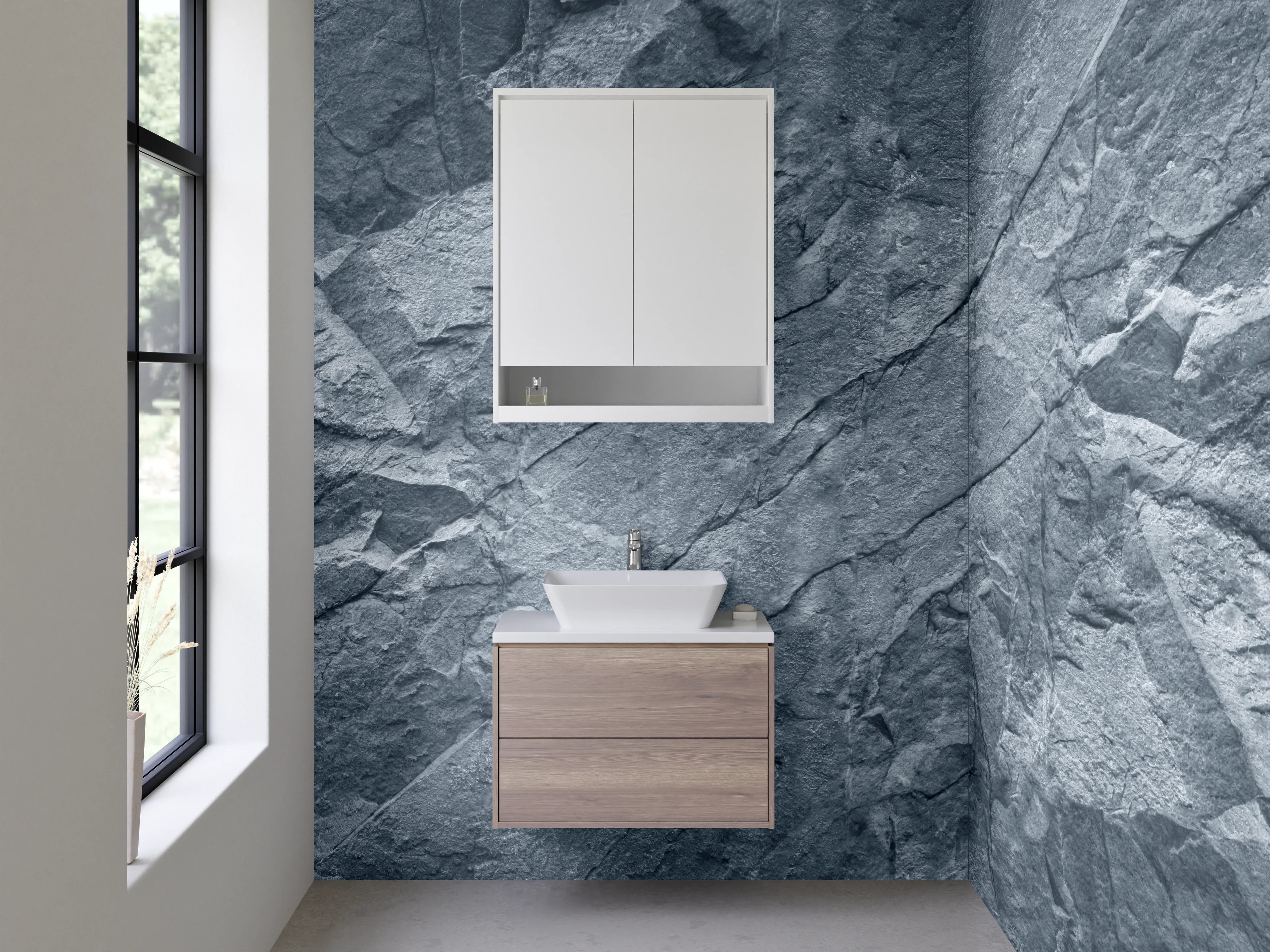 Waschbecken-Rückwand - Strukturierter Schiefer-Look in Blau-Grau