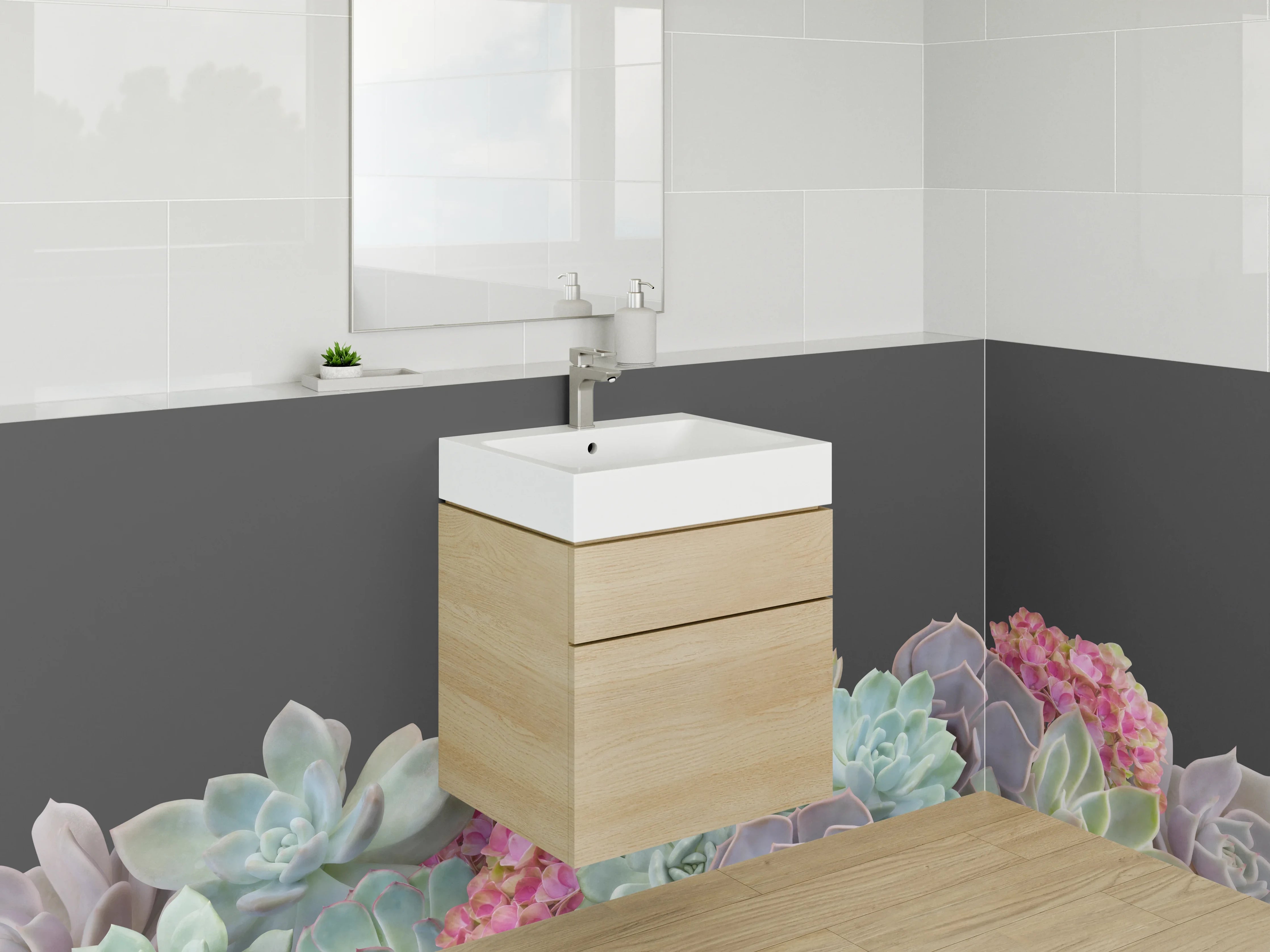 Waschbecken-Rückwand - Sukkulentenblüten auf dunklem Hintergrund