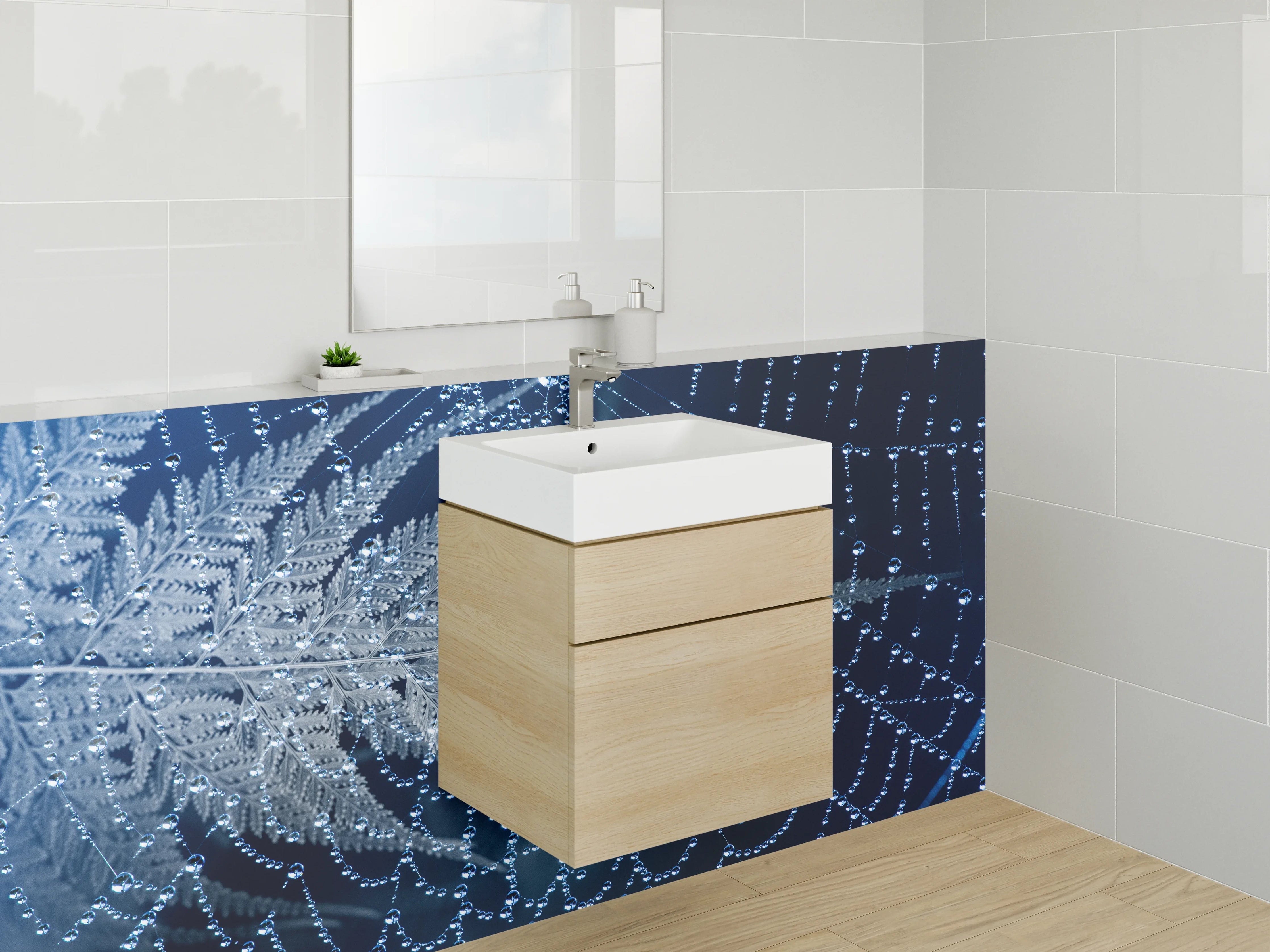 Waschbecken-Rückwand - Tau mit Farn auf Spinnennetz