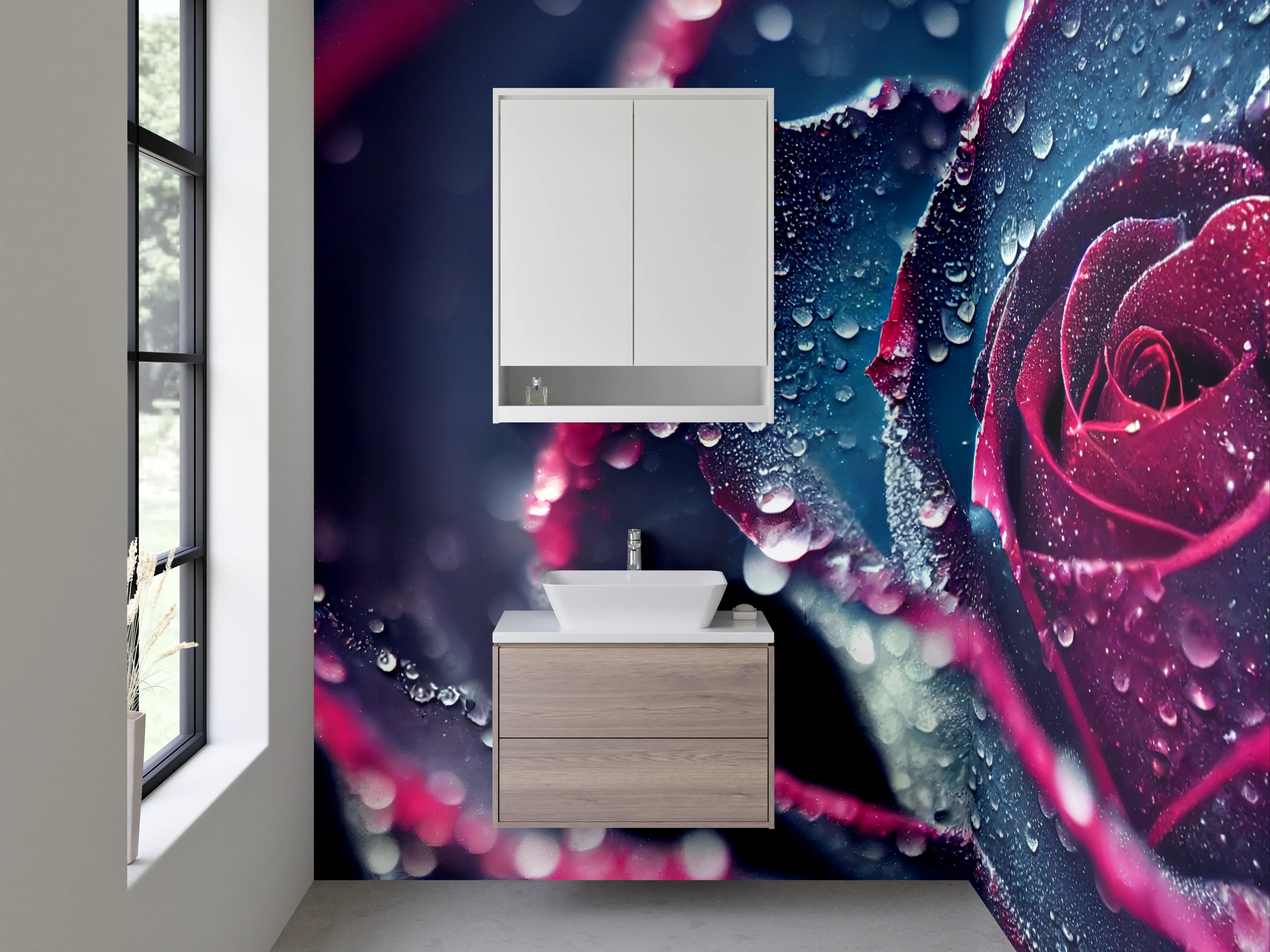 Waschbecken-Rückwand - Tautropfen auf dunkler Rosenblüte