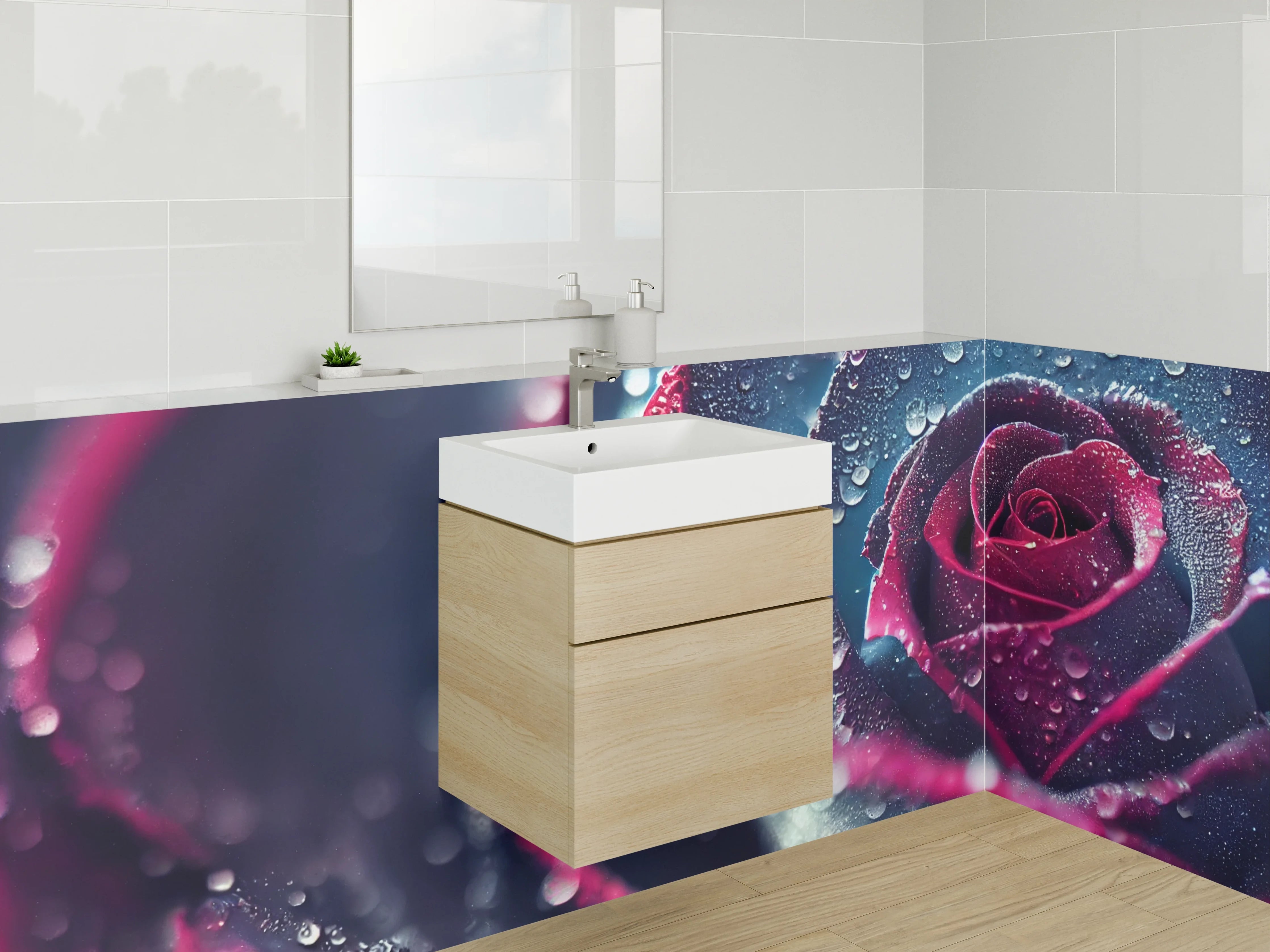 Waschbecken-Rückwand - Tautropfen auf dunkler Rosenblüte