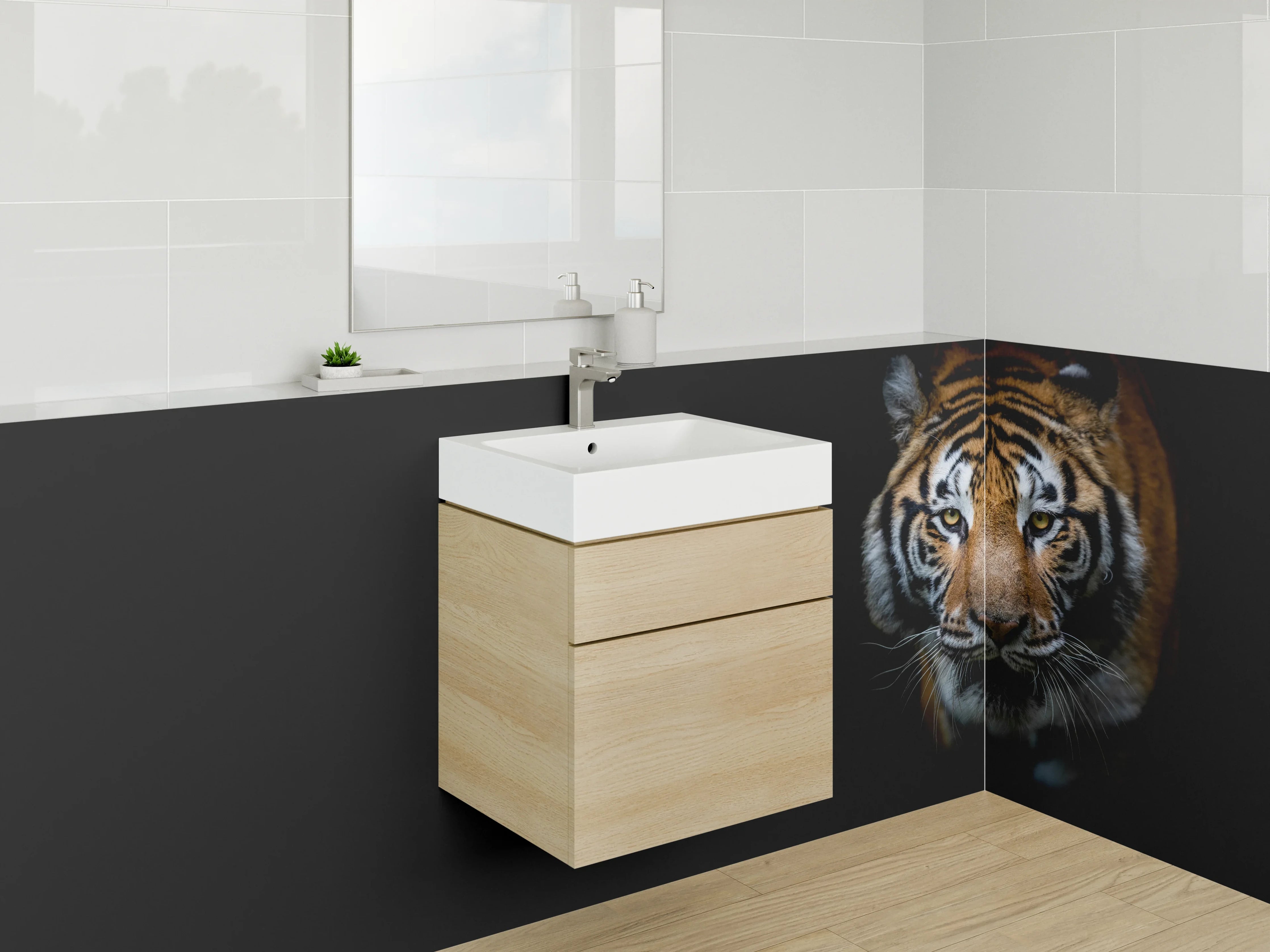Waschbecken-Rückwand - Tiger Porträt auf Schwarz – Kraftvoll