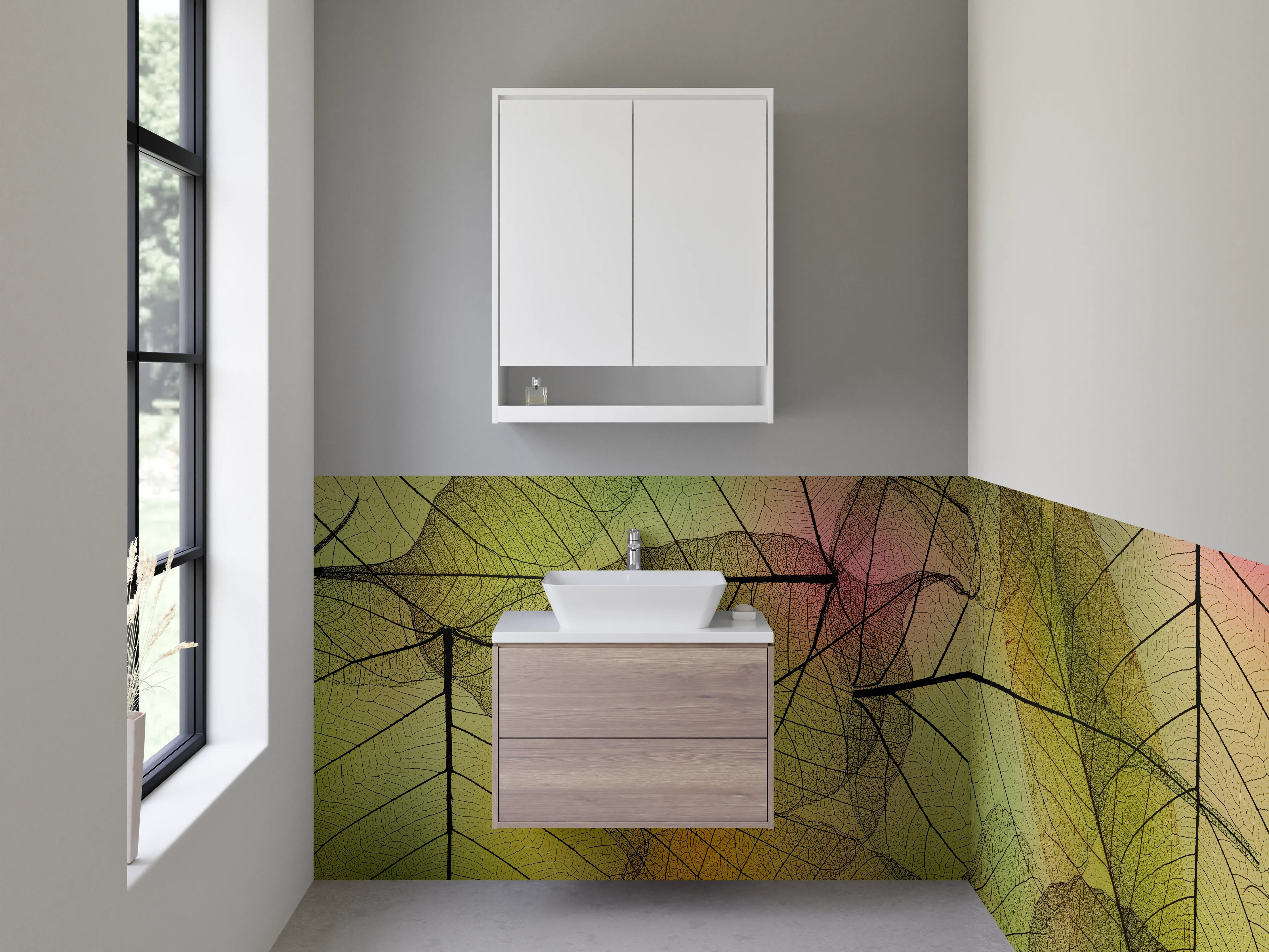 Waschbecken-Rückwand - Transparente Blätter Natur-Design grün gelb