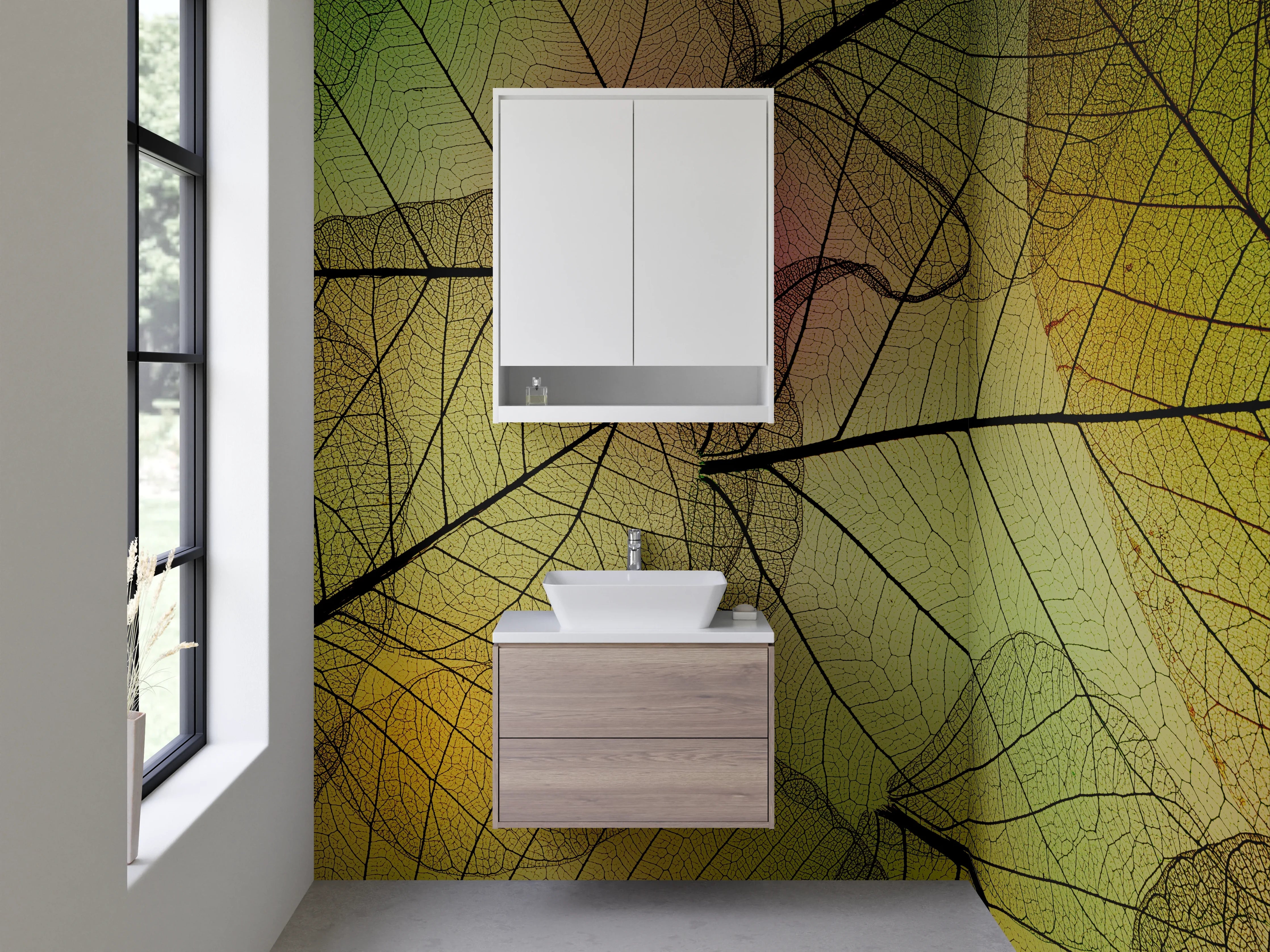 Waschbecken-Rückwand - Transparente Blätter Natur-Design grün gelb
