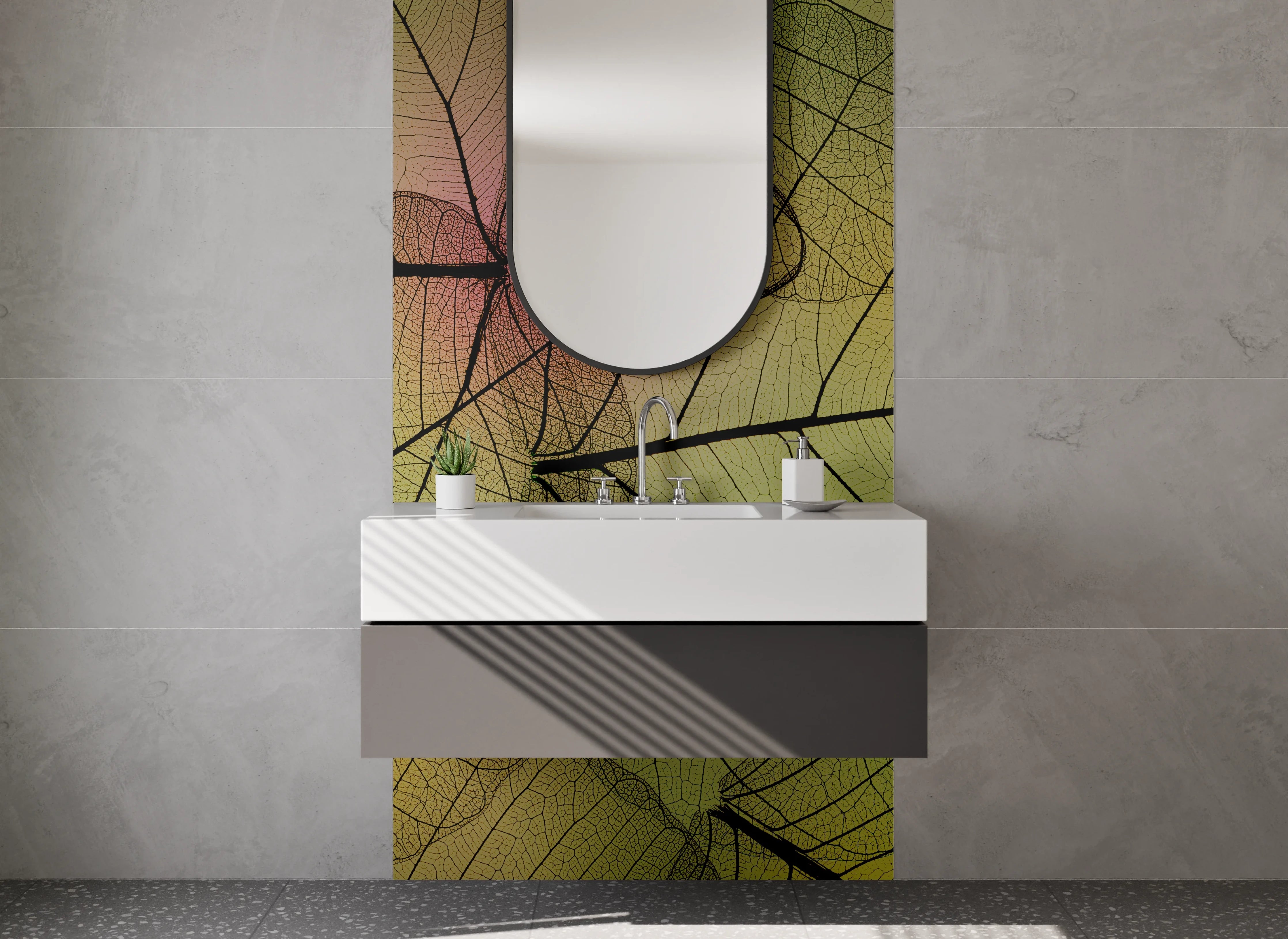 Waschbecken-Rückwand - Transparente Blätter Natur-Design grün gelb