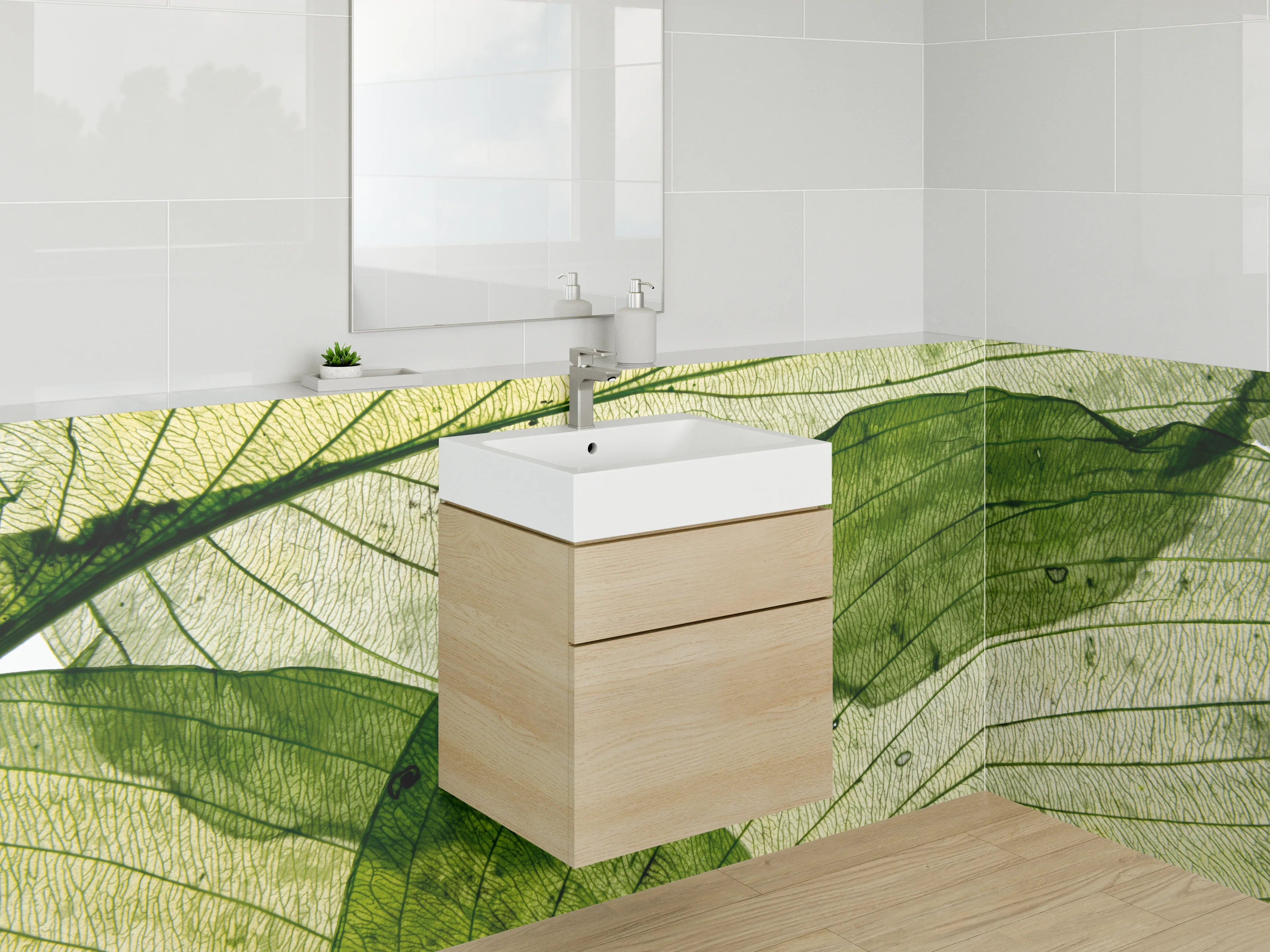 Waschbecken-Rückwand - Transparente Blätter – Grünes Naturmotiv