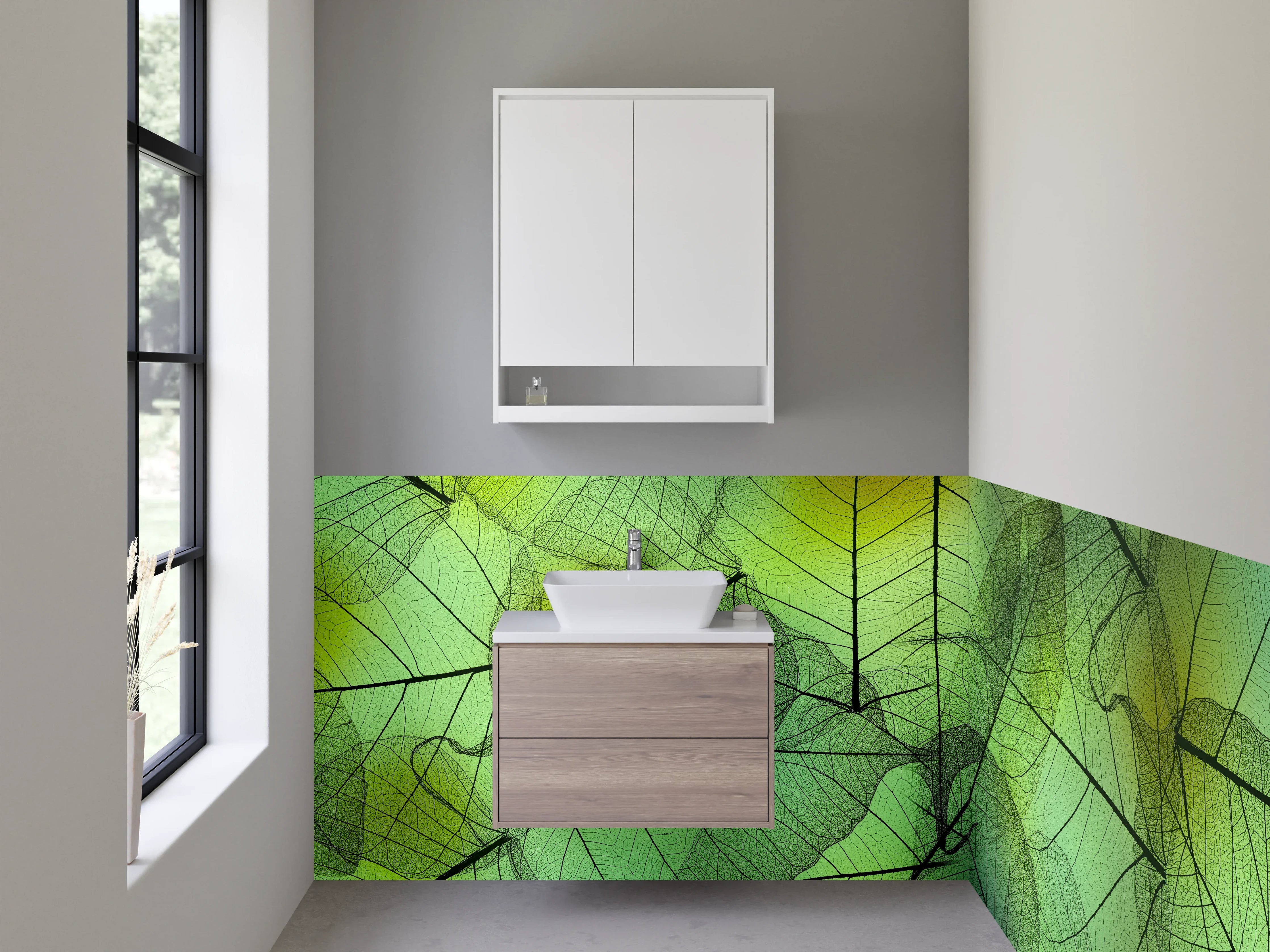 Waschbecken-Rückwand - Transparente Blätter grün – Natur-Design