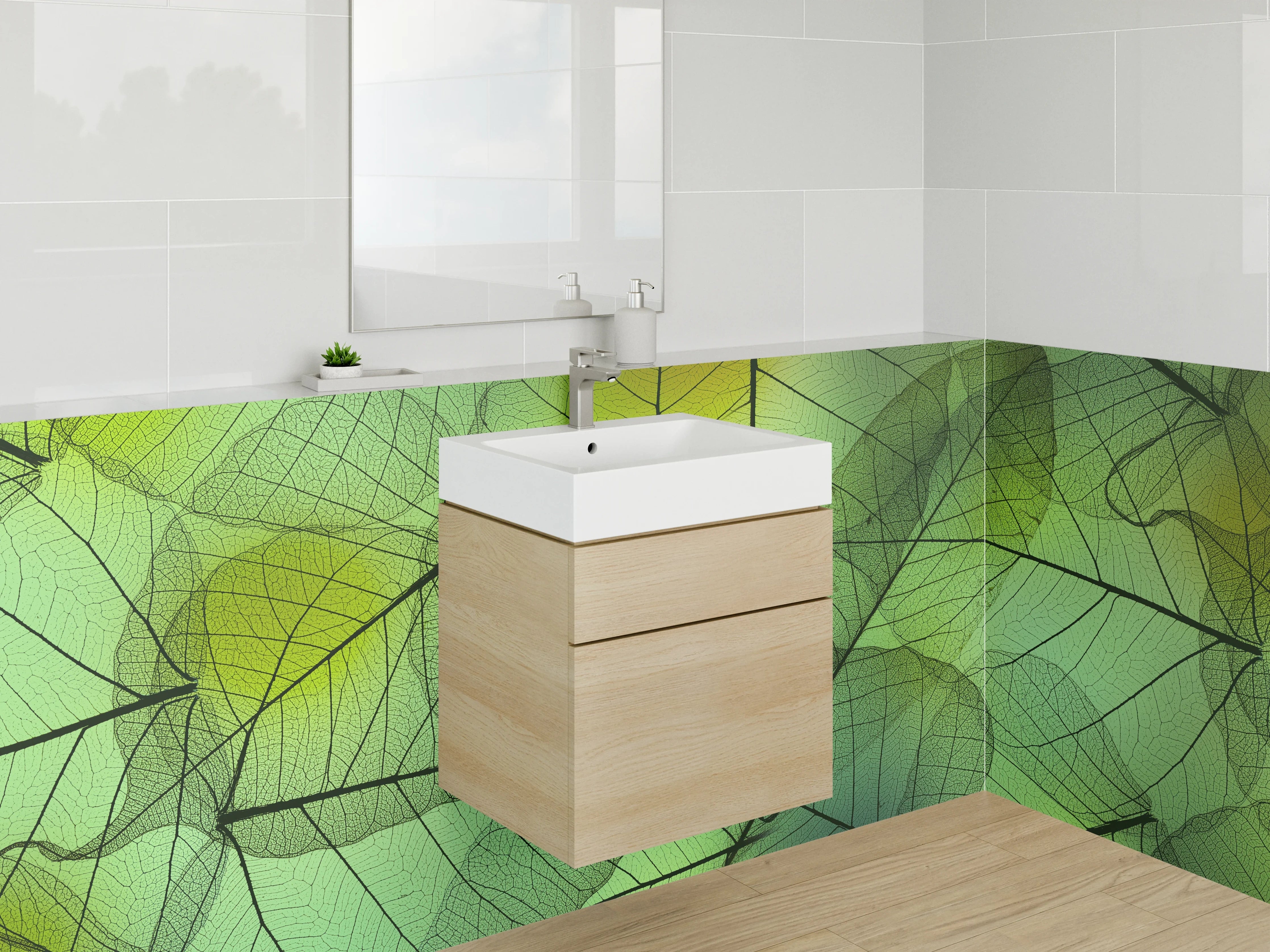 Waschbecken-Rückwand - Transparente Blätter grün – Natur-Design