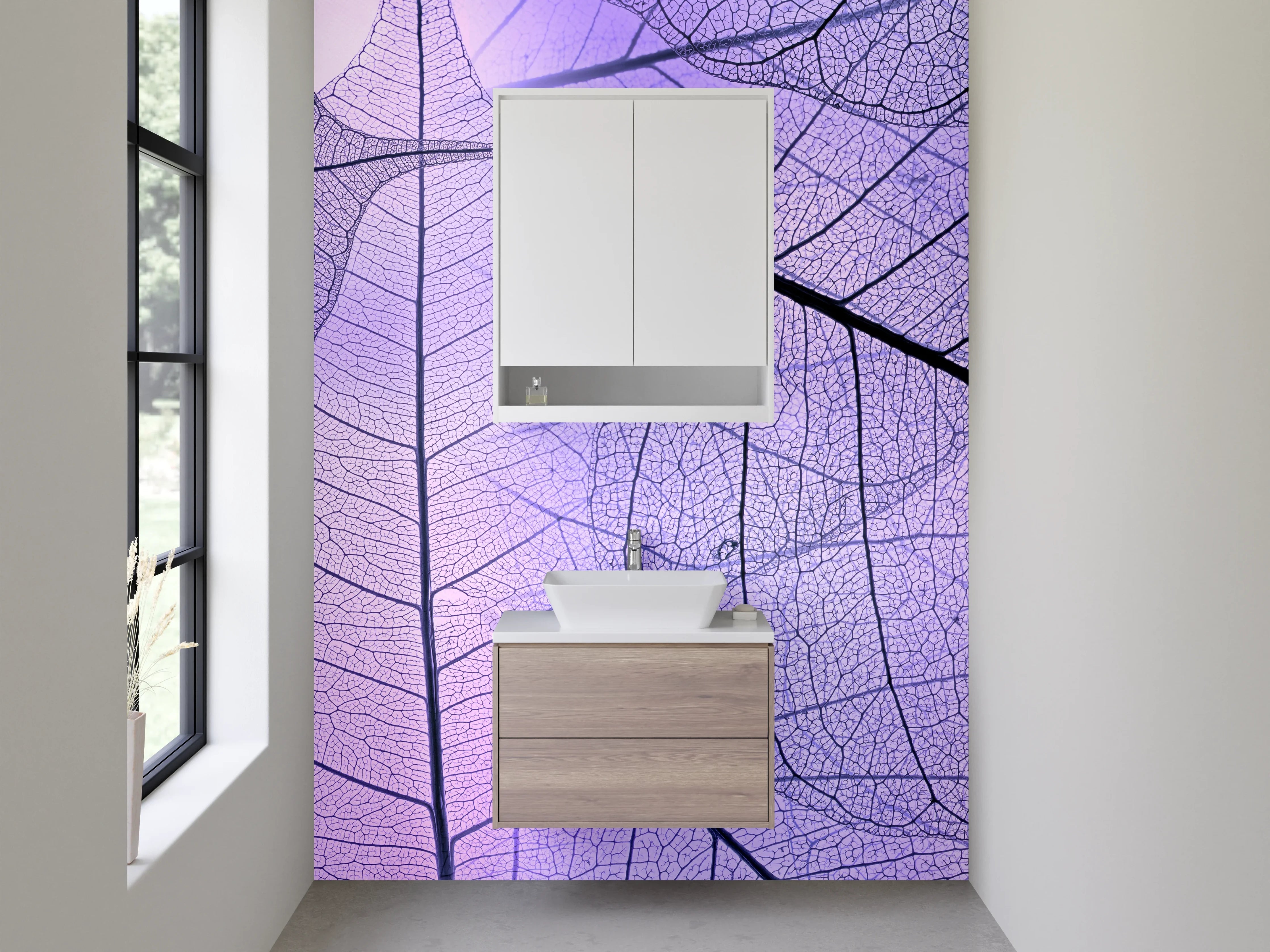 Waschbecken-Rückwand - Transparente Blätter in Lila Optik