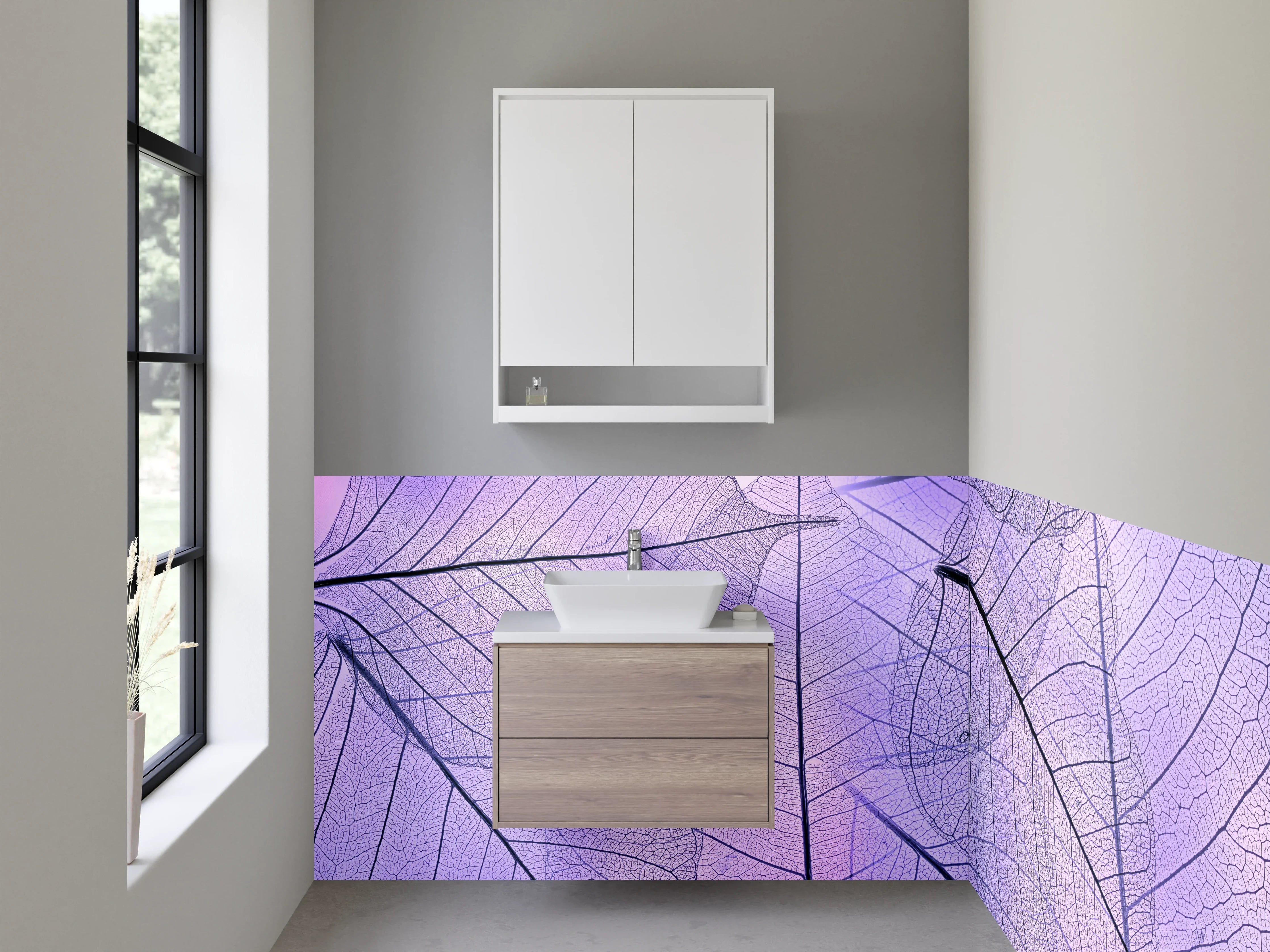 Waschbecken-Rückwand - Transparente Blätter in Lila Optik