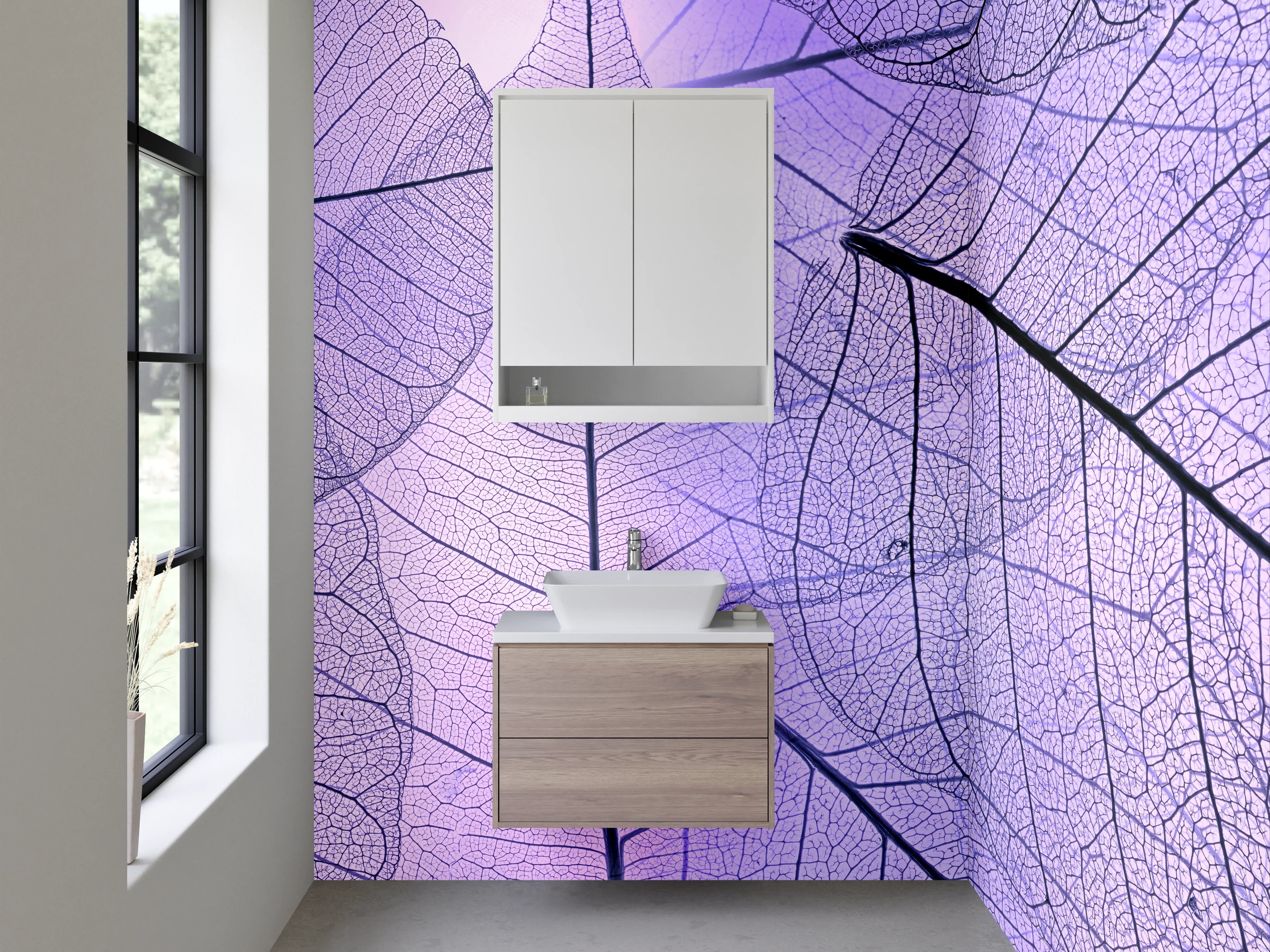 Waschbecken-Rückwand - Transparente Blätter in Lila Optik