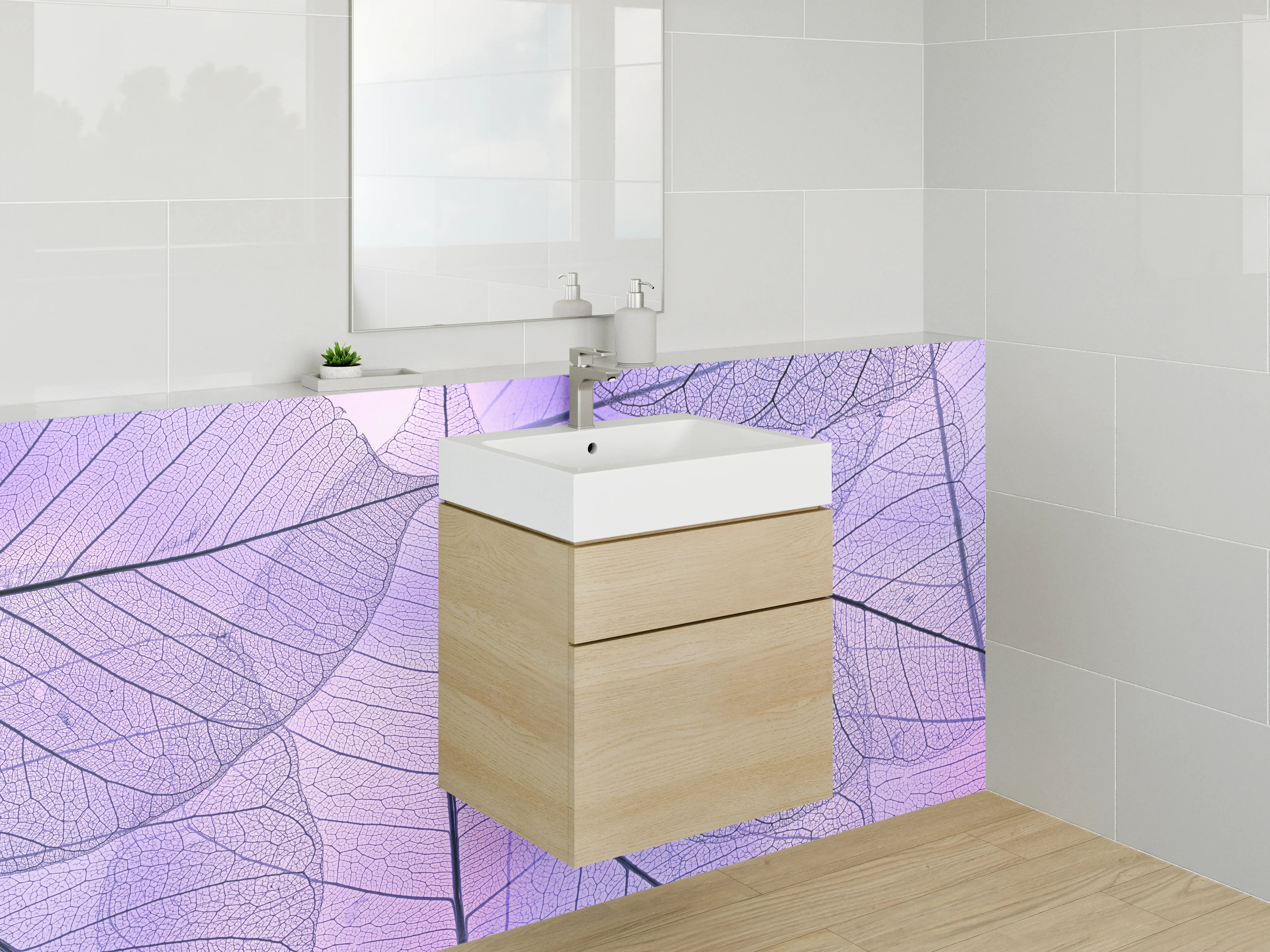 Waschbecken-Rückwand - Transparente Blätter in Lila Optik