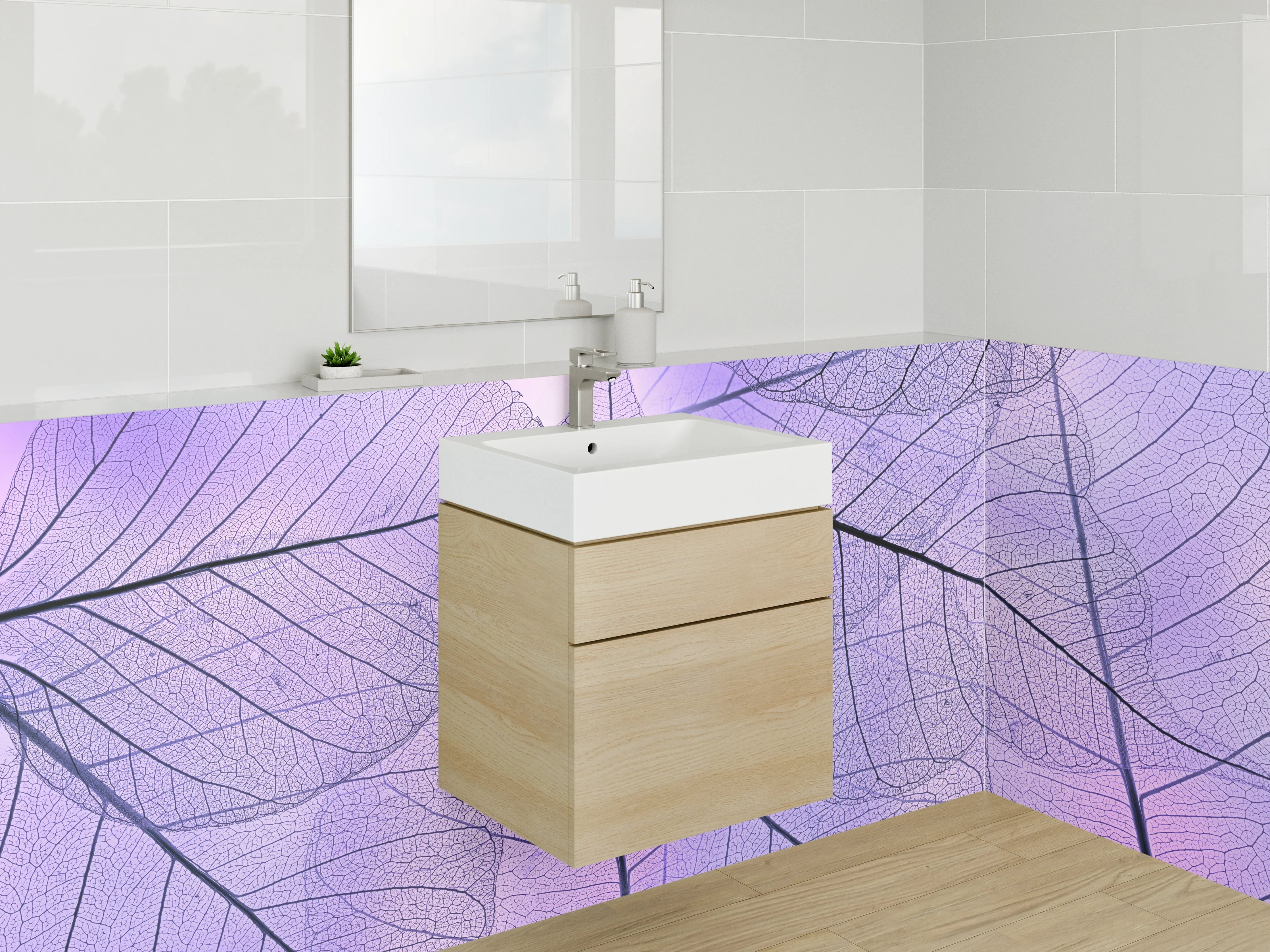 Waschbecken-Rückwand - Transparente Blätter in Lila Optik