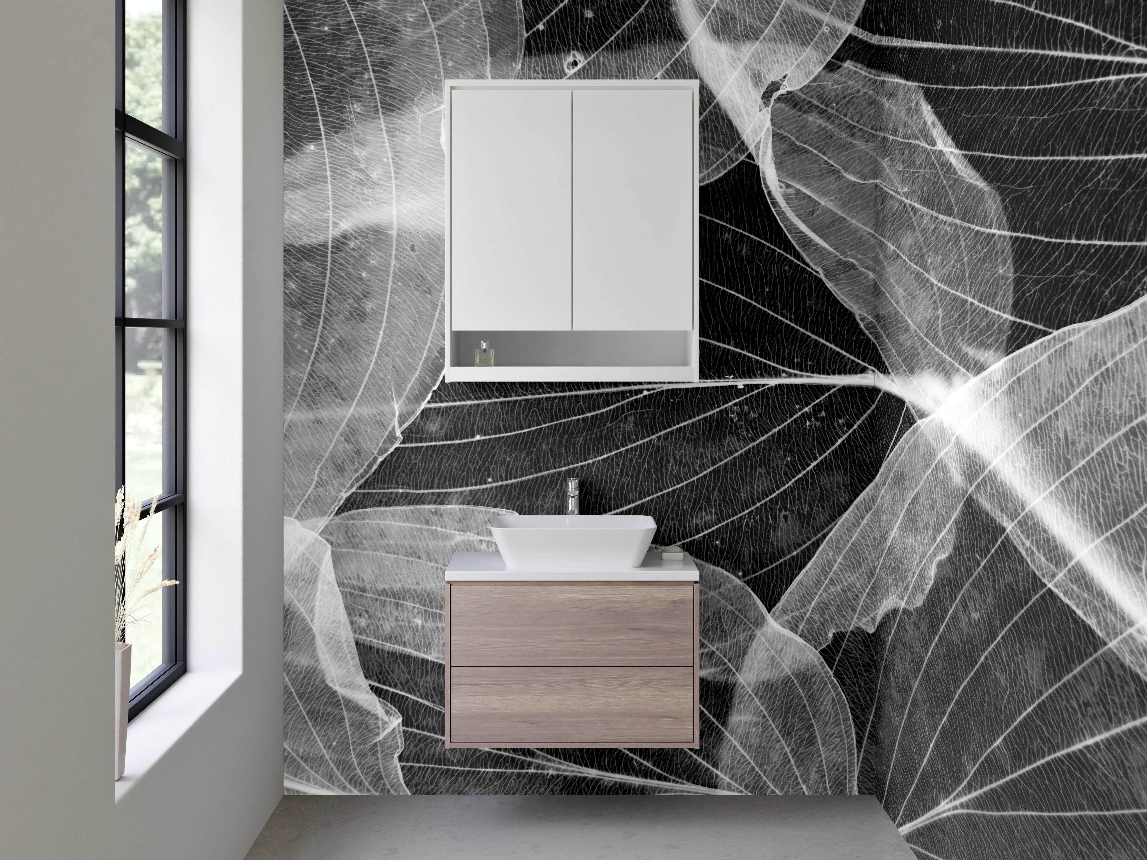 Waschbecken-Rückwand - Transparente Blätter in Schwarz-Weiß-Optik