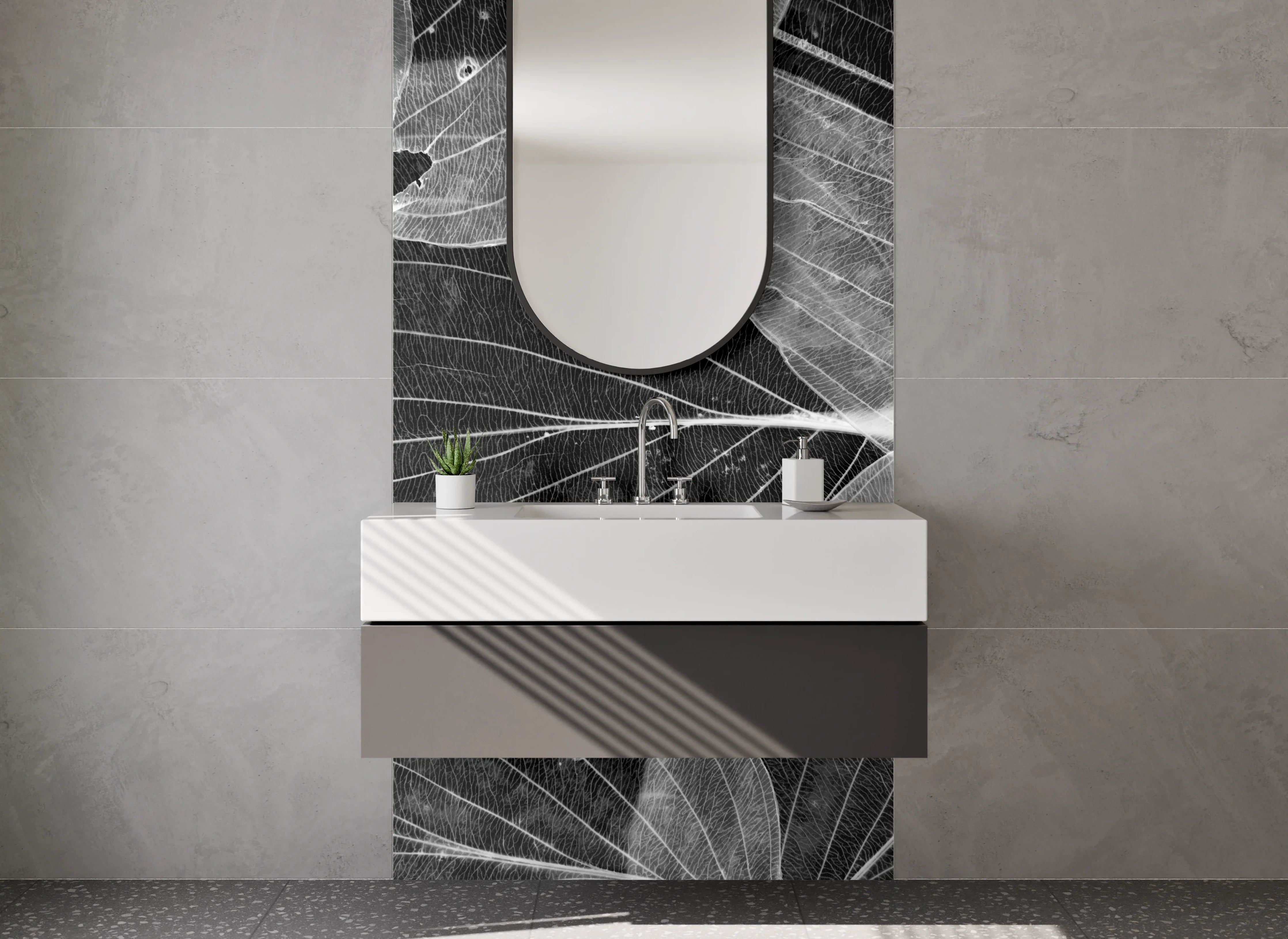 Waschbecken-Rückwand - Transparente Blätter in Schwarz-Weiß-Optik