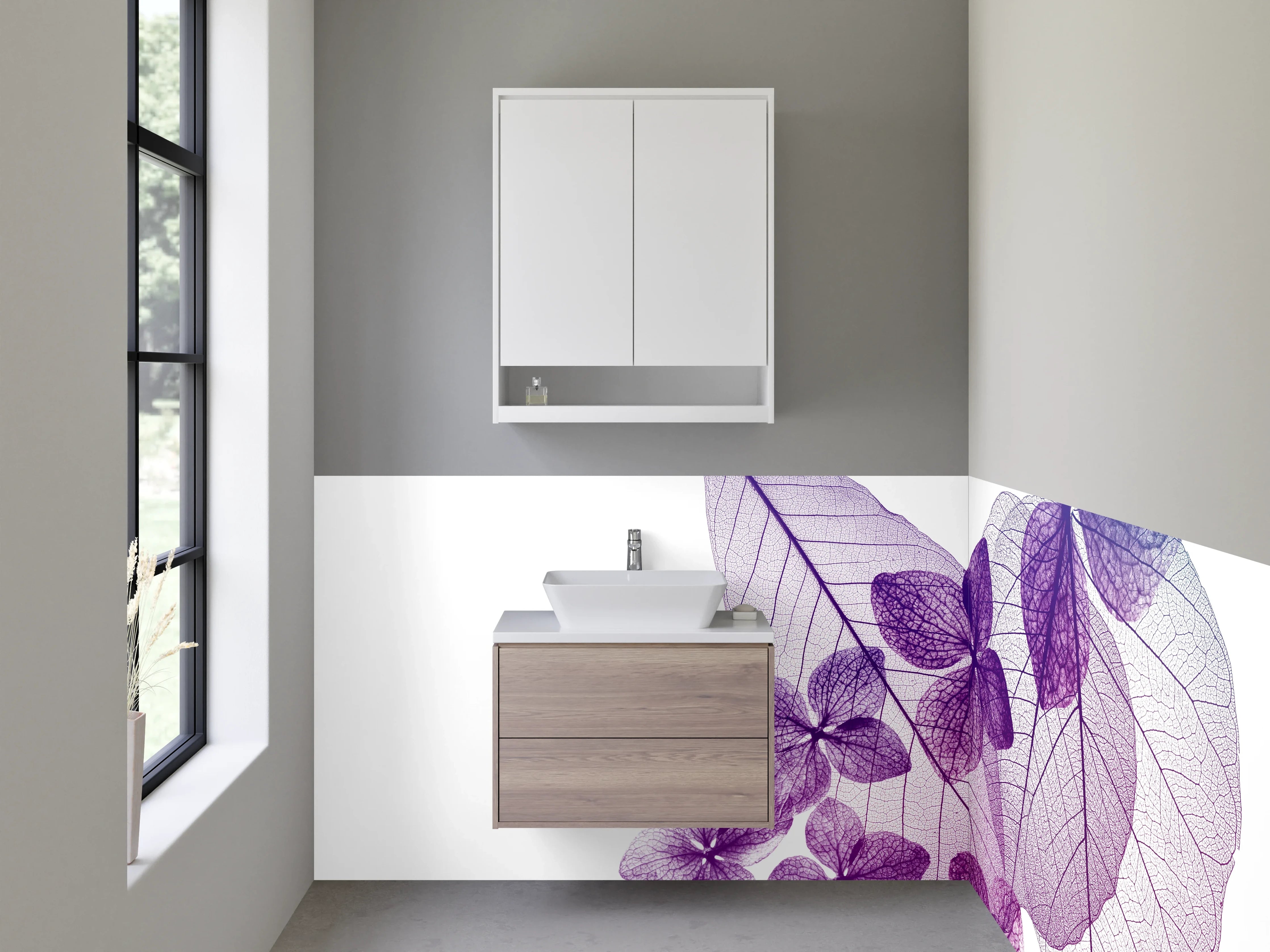 Waschbecken-Rückwand - Transparente Blätter in Violetttönen