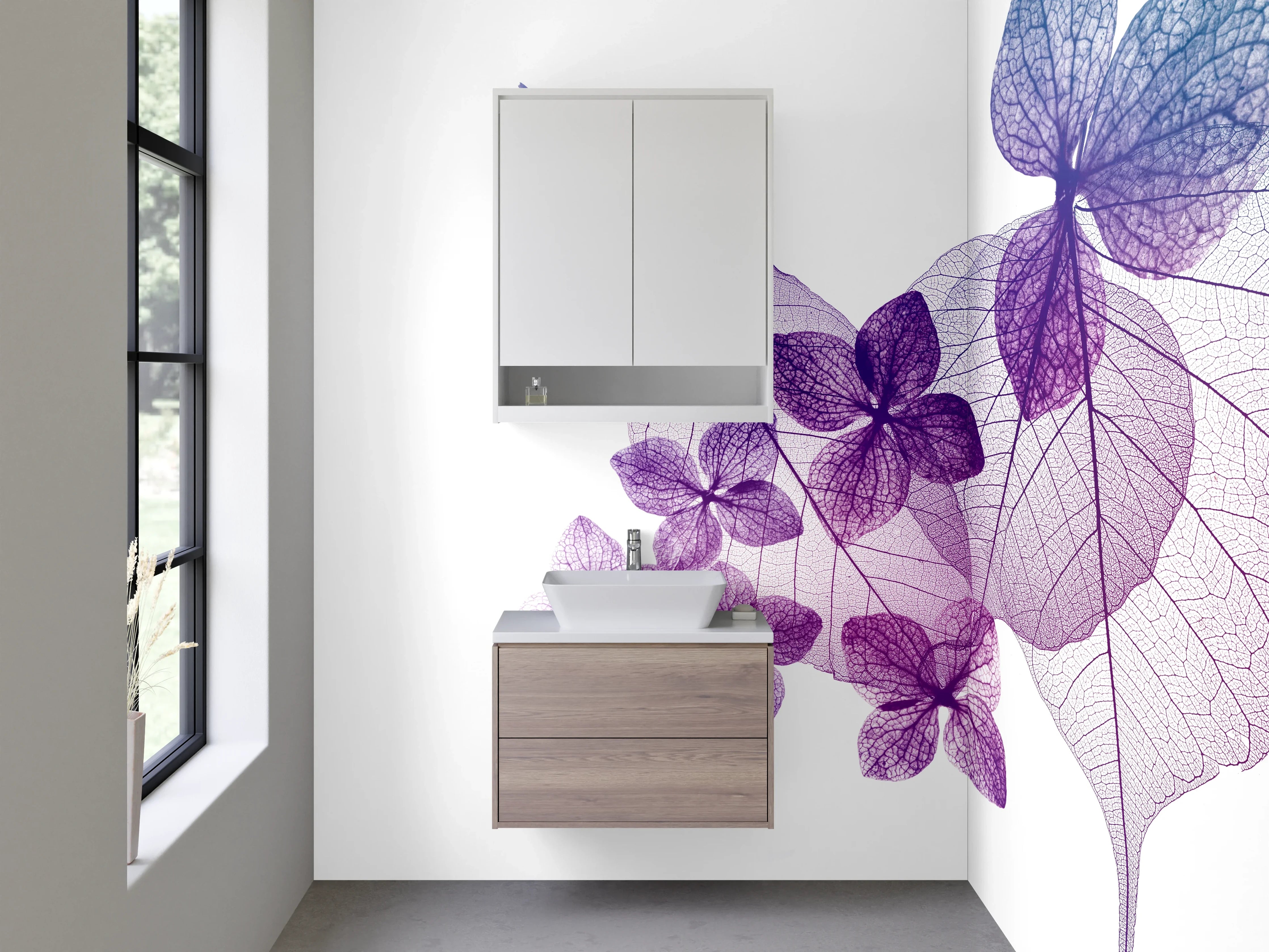 Waschbecken-Rückwand - Transparente Blätter in Violetttönen