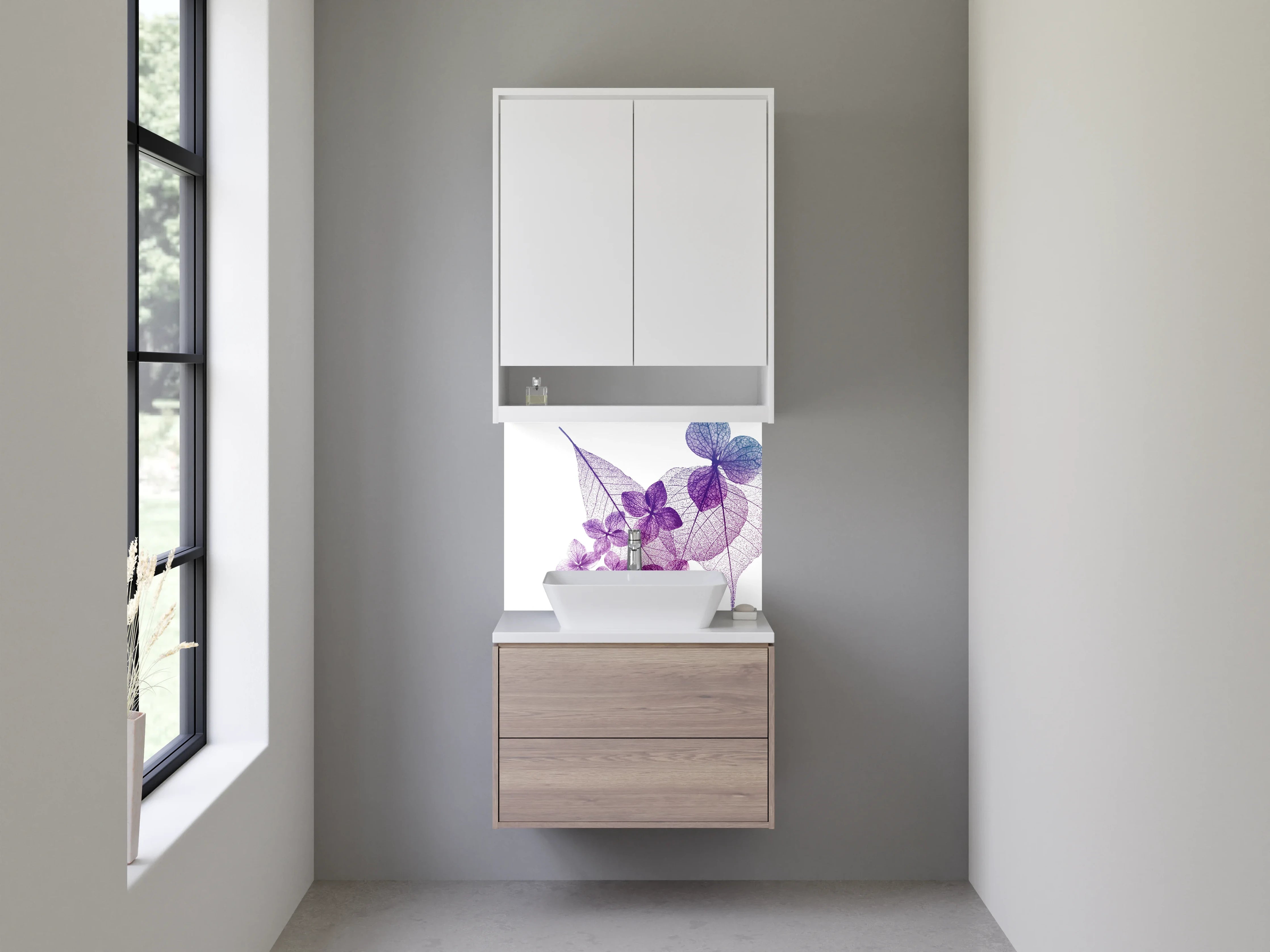 Waschbecken-Rückwand - Transparente Blätter in Violetttönen
