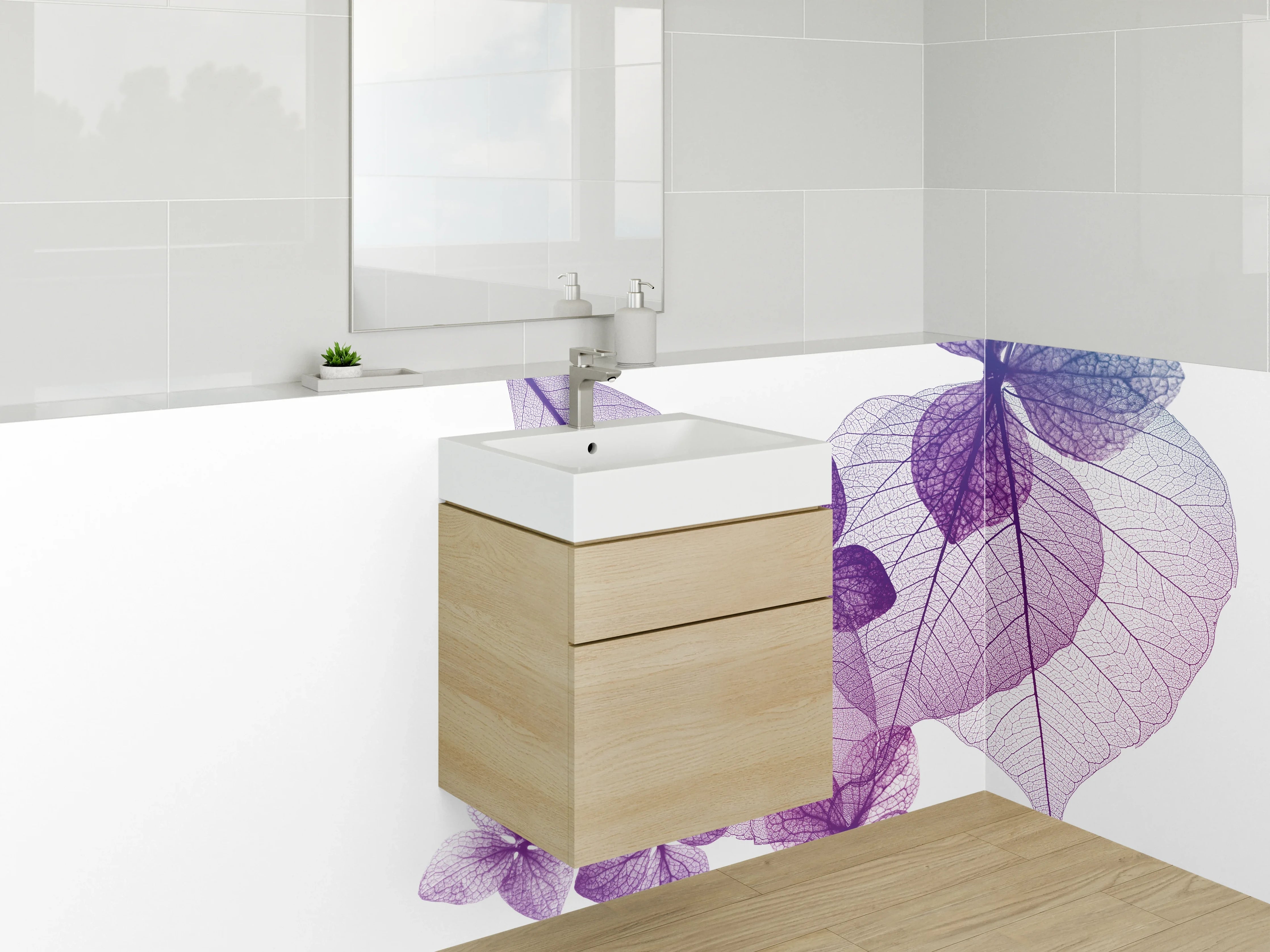 Waschbecken-Rückwand - Transparente Blätter in Violetttönen