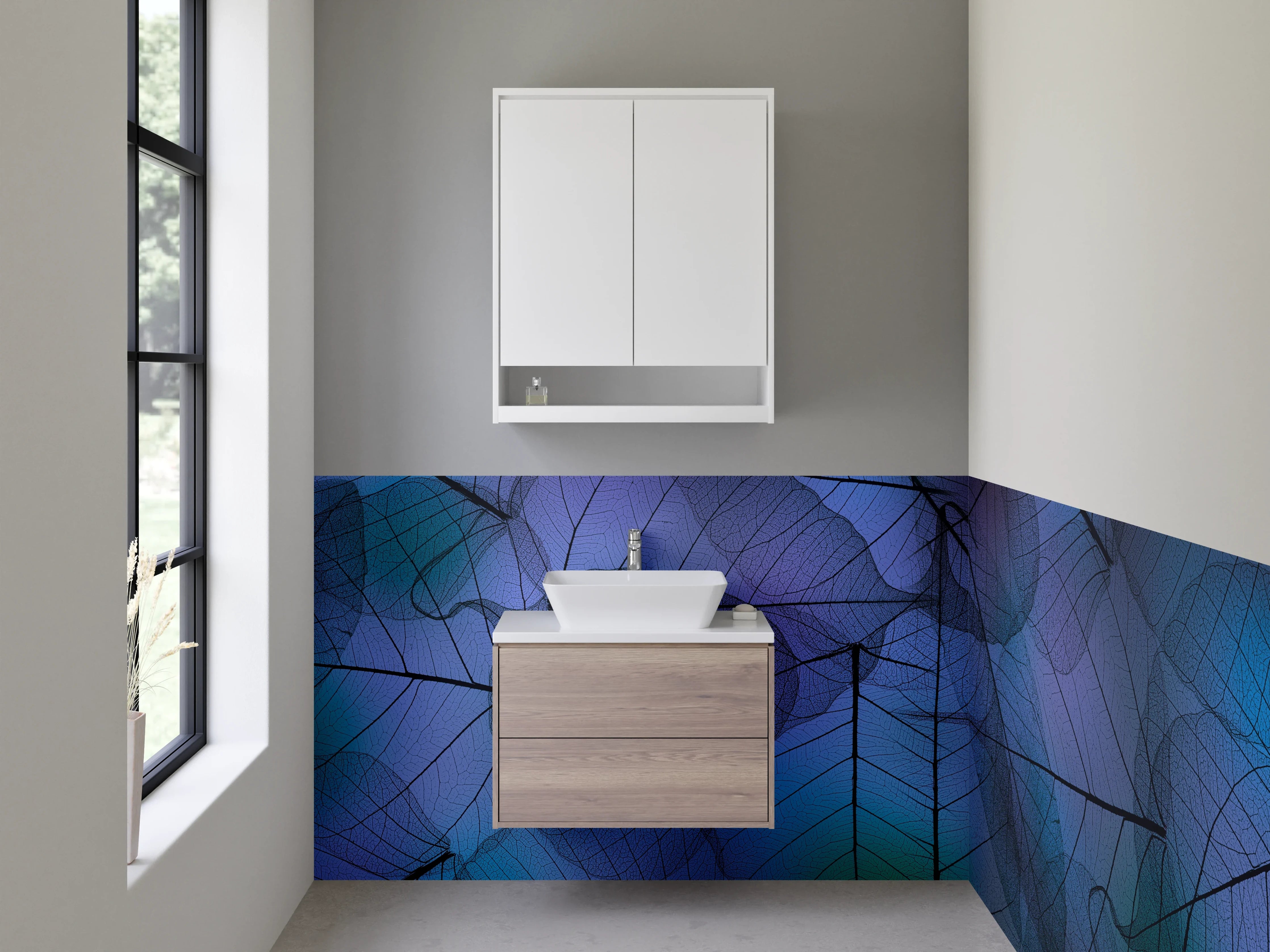 Waschbecken-Rückwand - Transparente Blätter in mystischem Blau