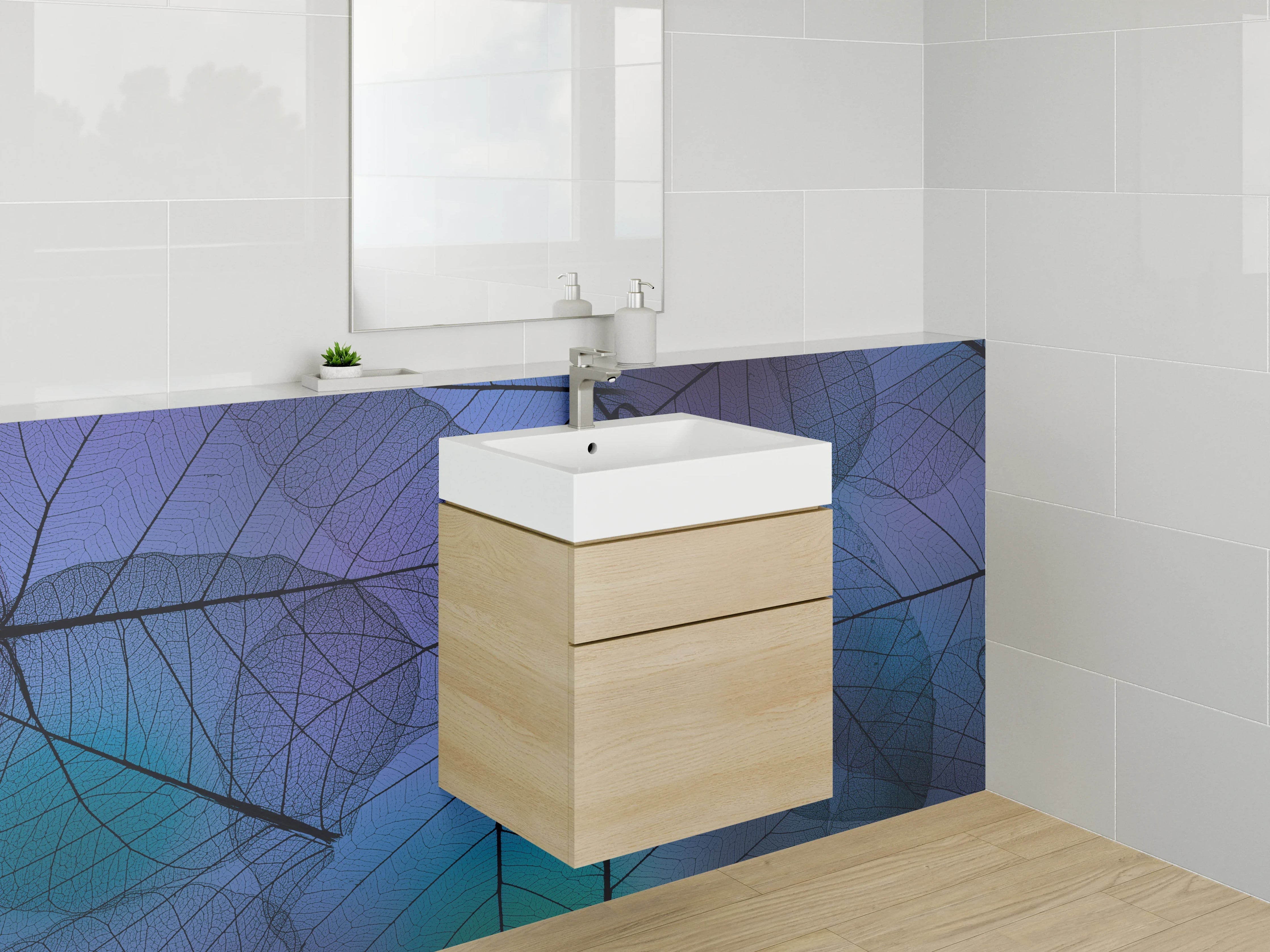 Waschbecken-Rückwand - Transparente Blätter in mystischem Blau
