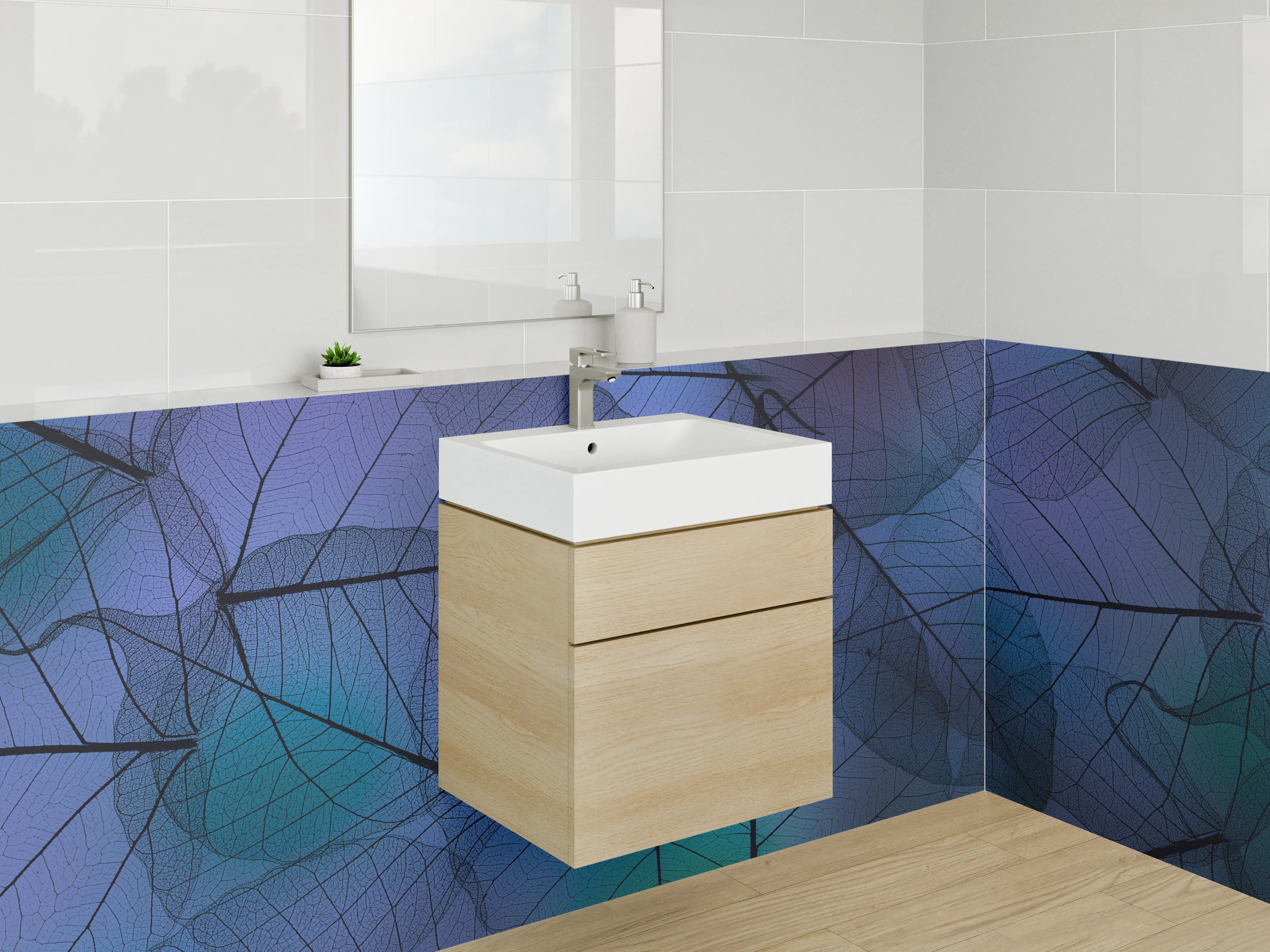 Waschbecken-Rückwand - Transparente Blätter in mystischem Blau