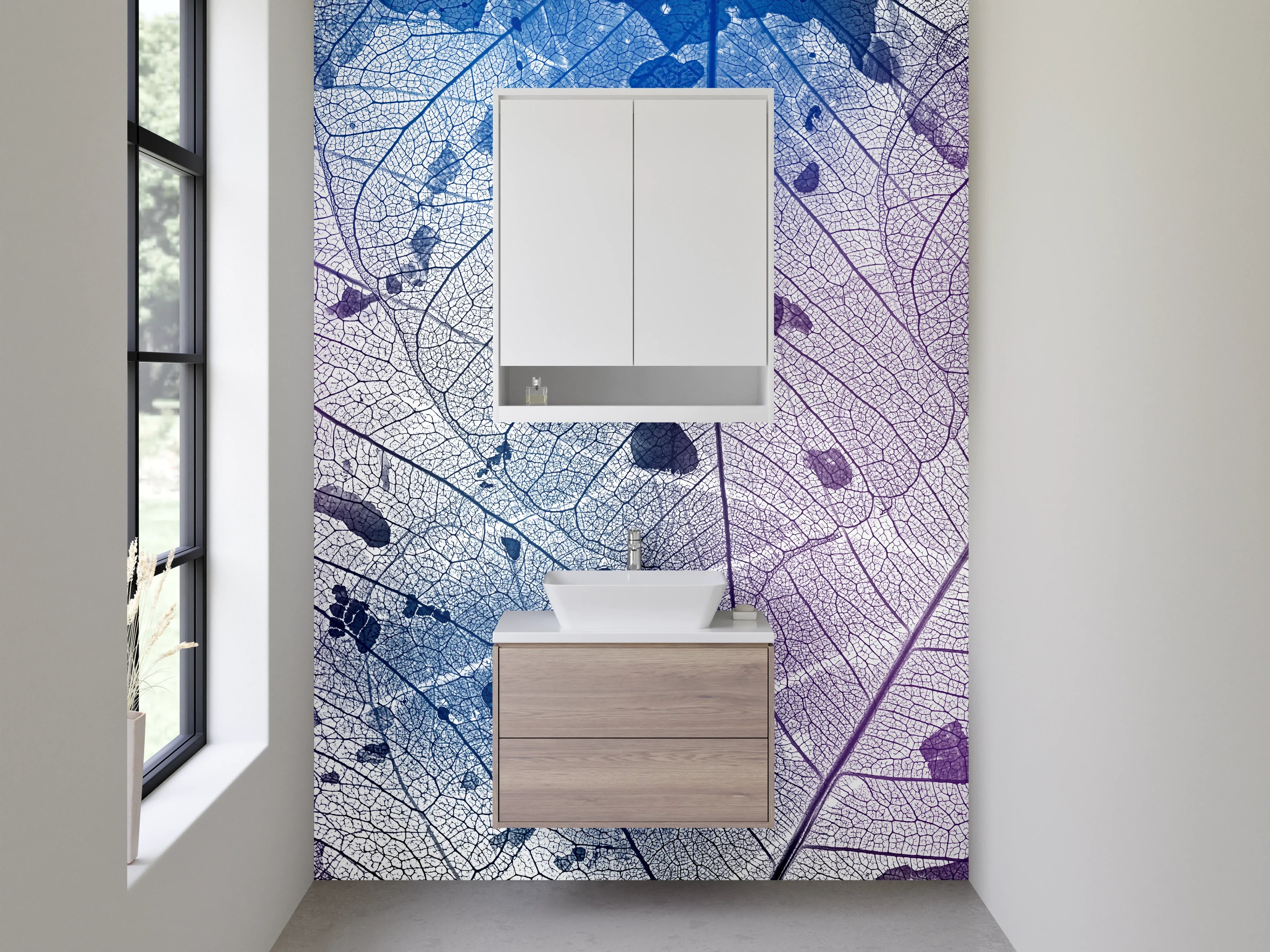 Waschbecken-Rückwand - Transparente Blattstruktur in Blau und Lila