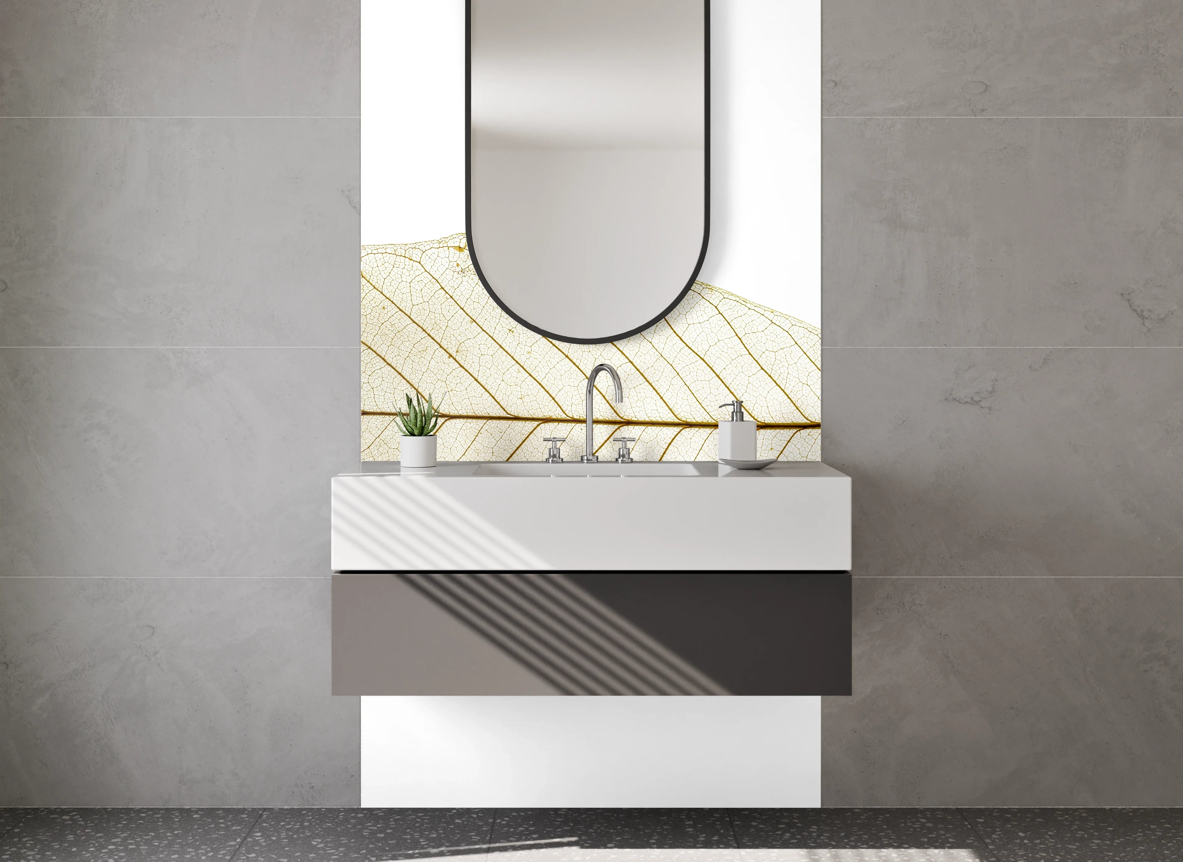 Waschbecken-Rückwand - Transparente Skelettblatt-Optik Weiß-Grau