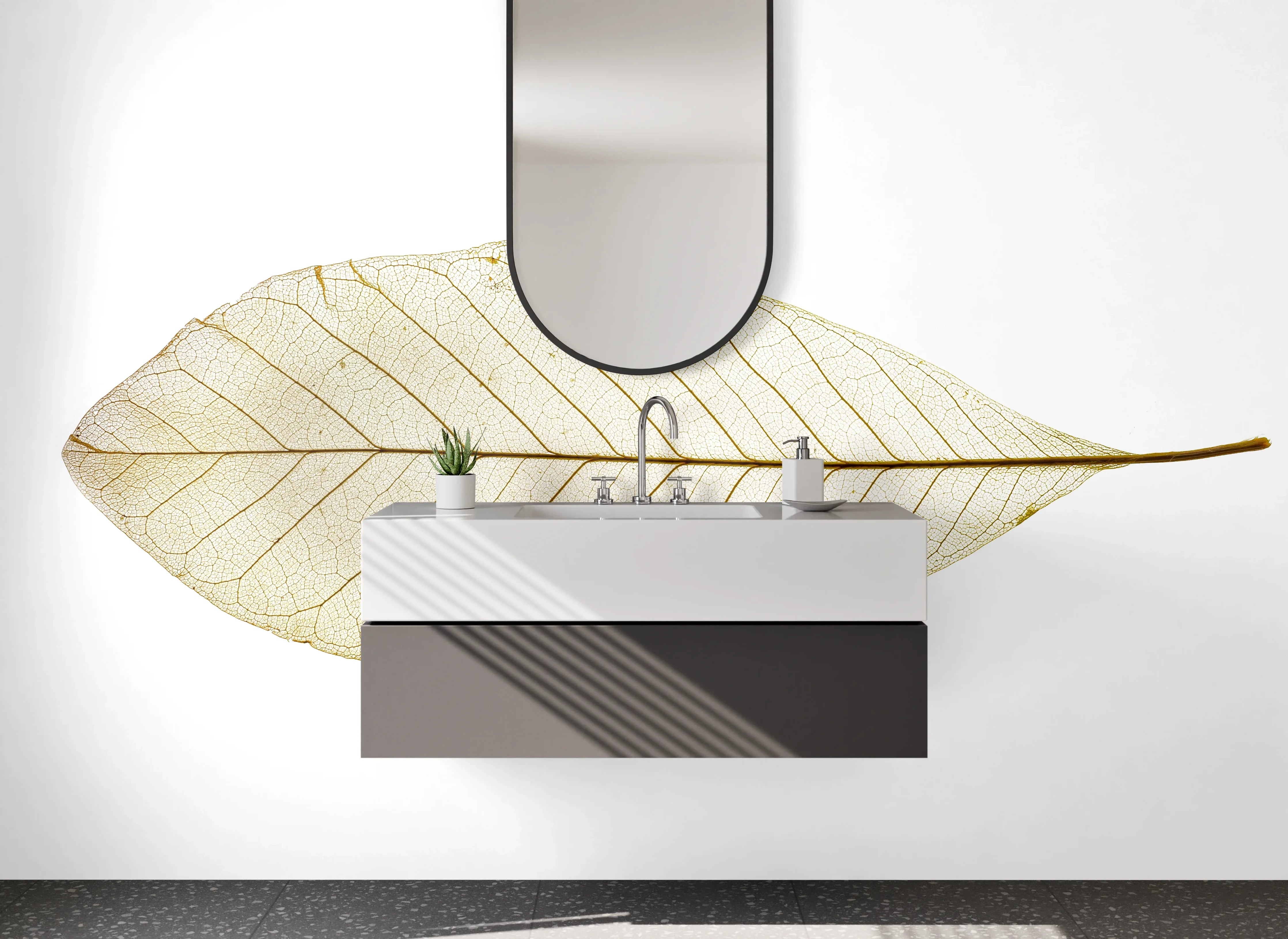 Waschbecken-Rückwand - Transparente Skelettblatt-Optik Weiß-Grau