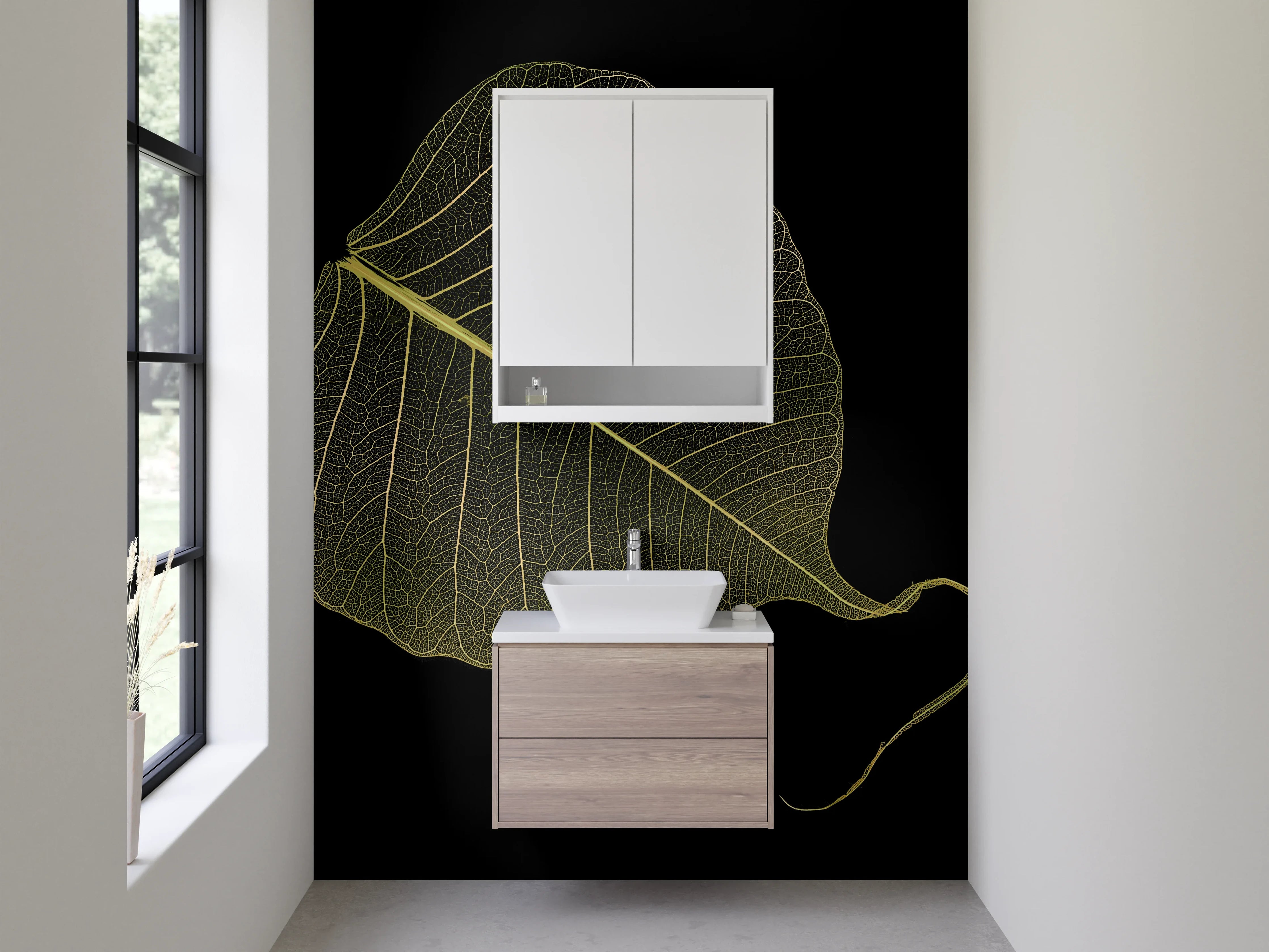 Waschbecken-Rückwand - Transparentes Skelett-Blatt auf Schwarz