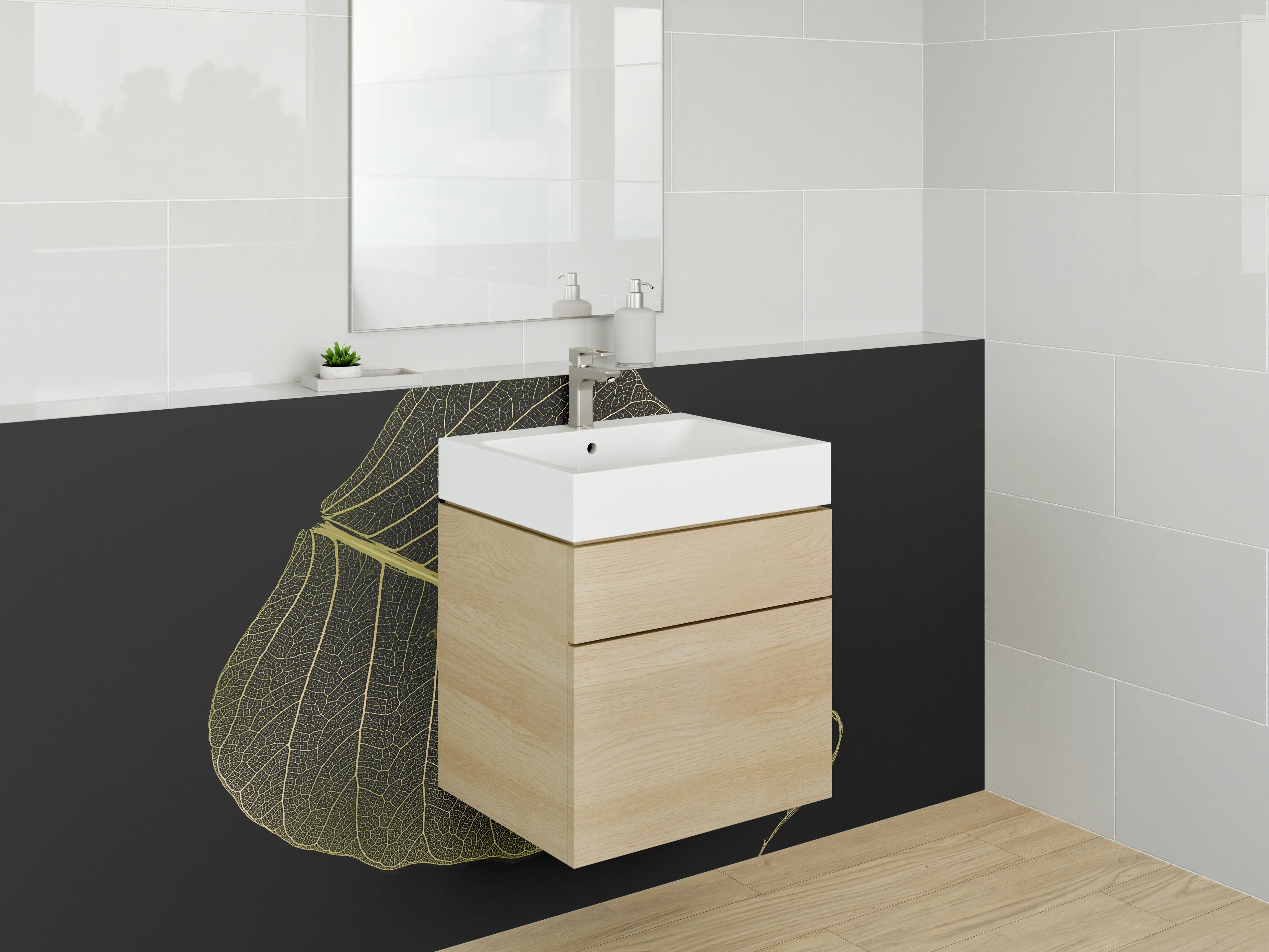 Waschbecken-Rückwand - Transparentes Skelett-Blatt auf Schwarz