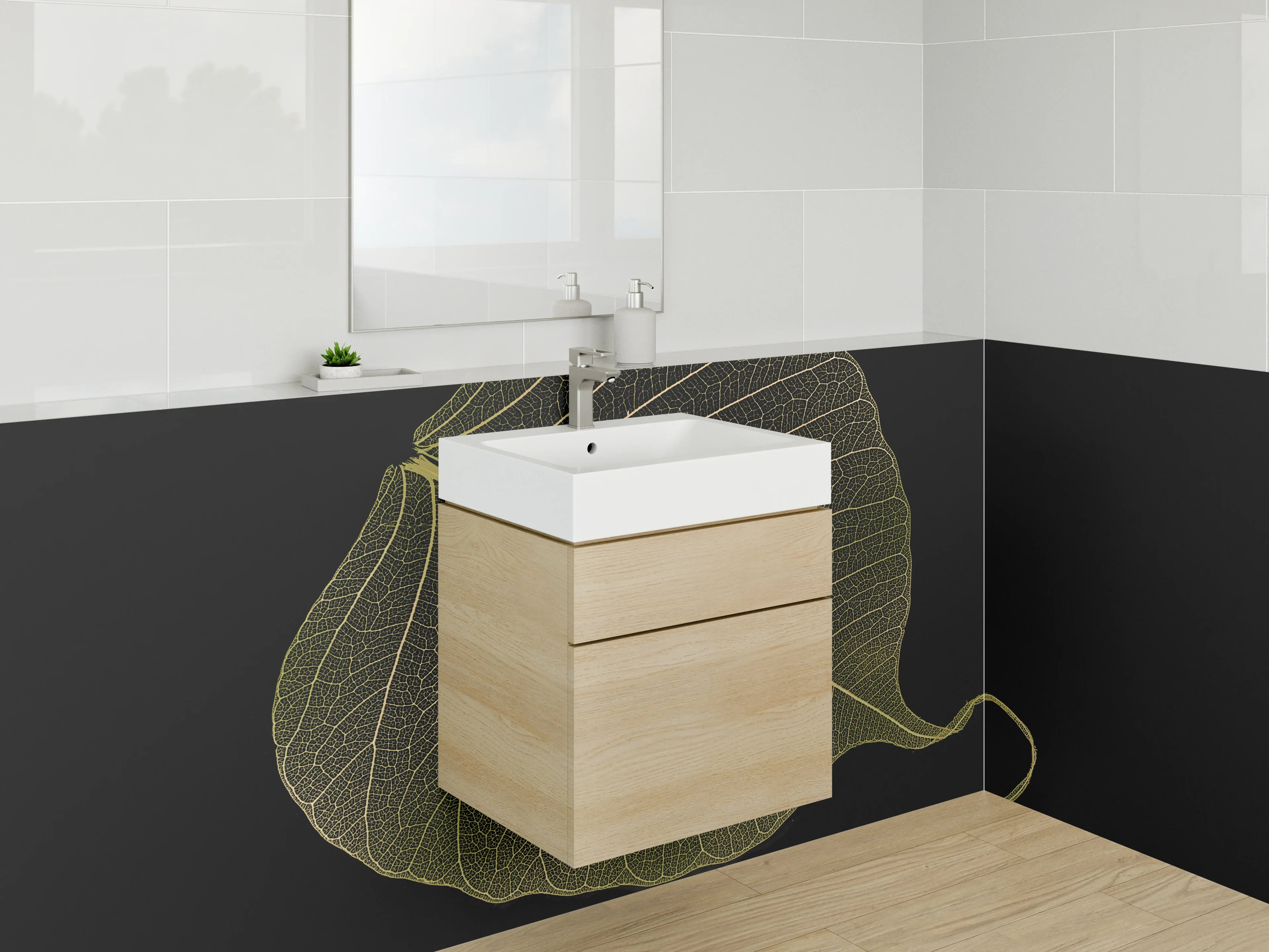 Waschbecken-Rückwand - Transparentes Skelett-Blatt auf Schwarz
