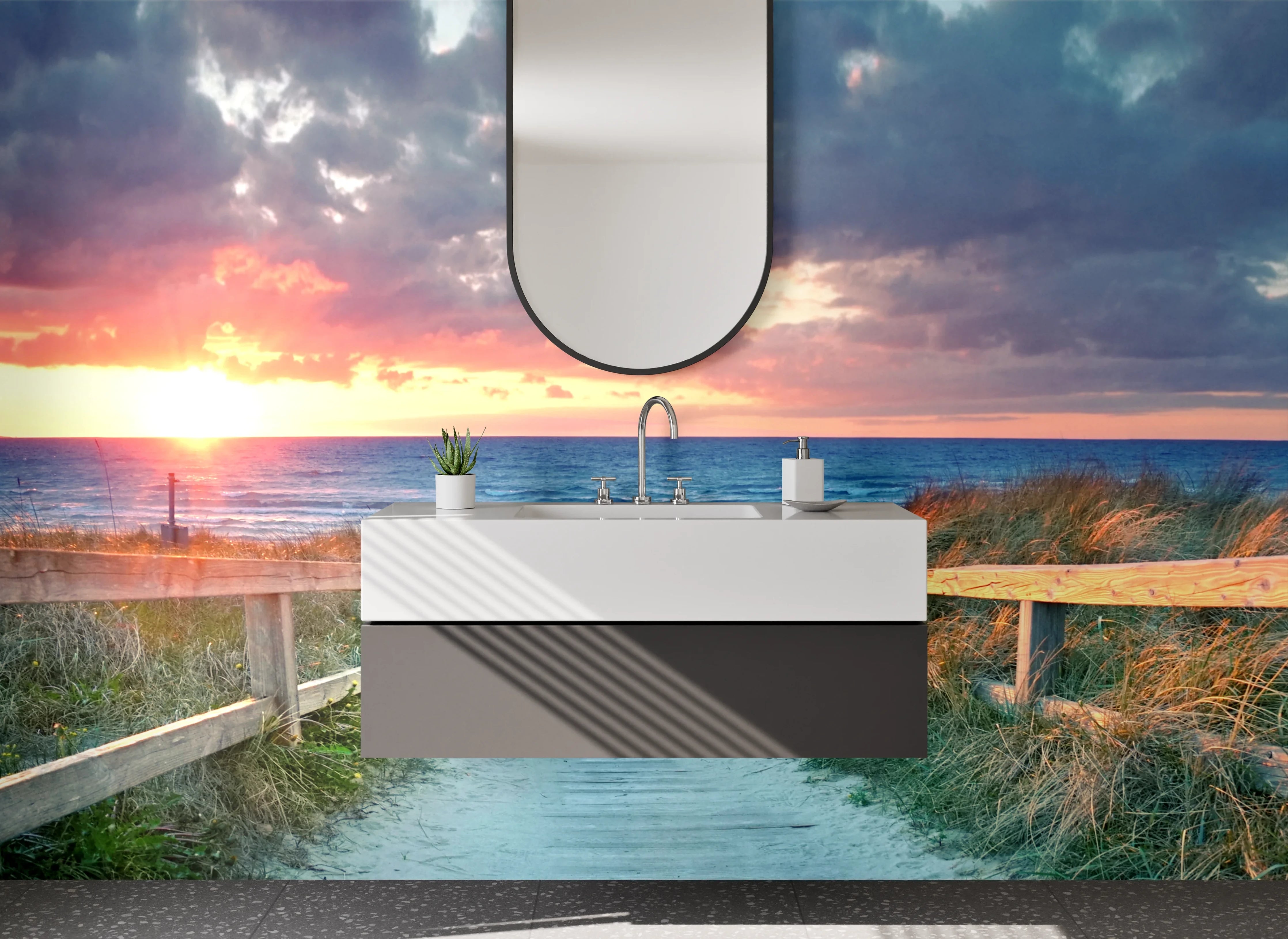 Waschbecken-Rückwand - Traumhafter Sonnenuntergang am Strand-Panorama