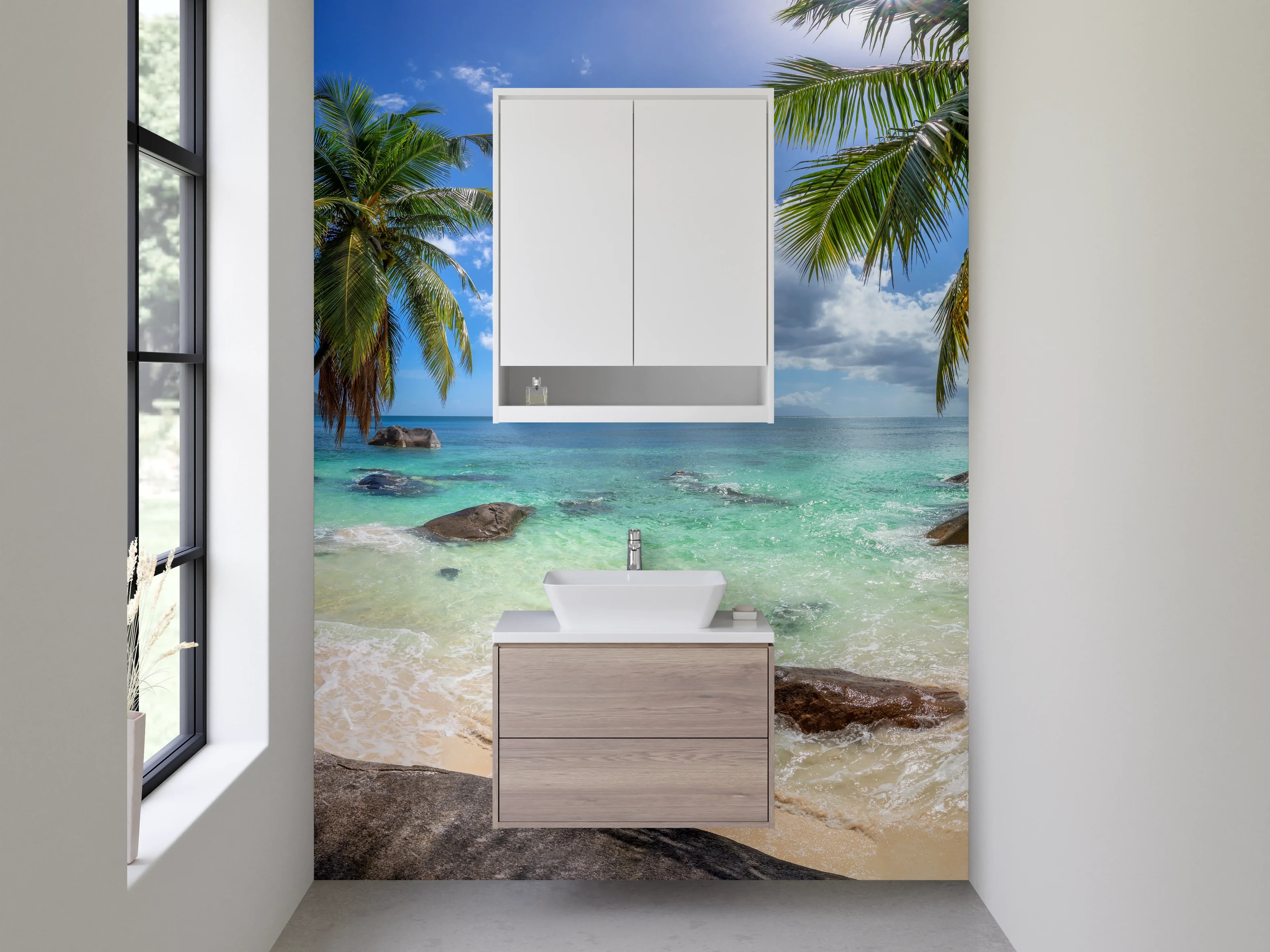 Waschbecken-Rückwand - Traumhafter Strand mit Palmen