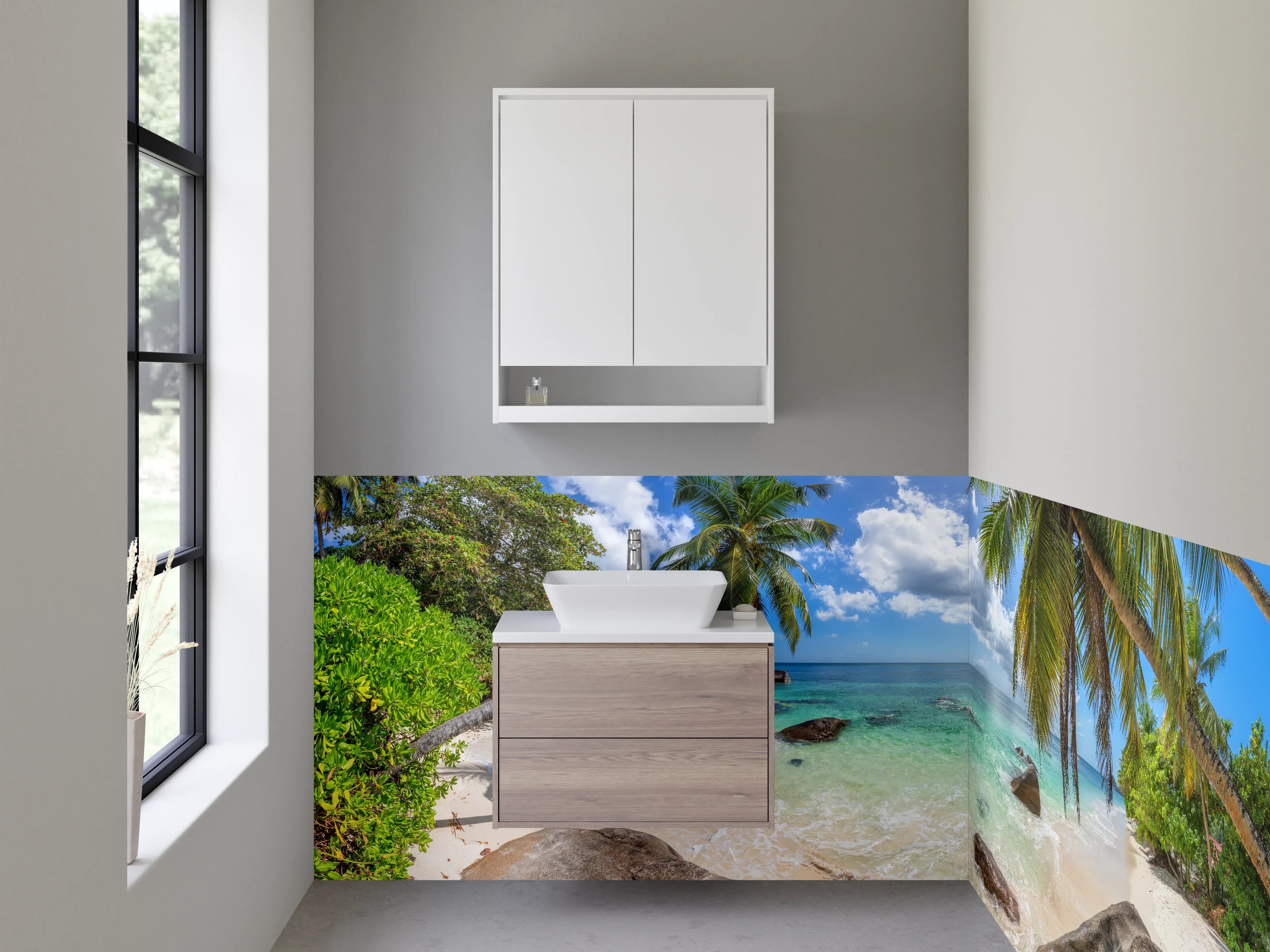 Waschbecken-Rückwand - Traumhafter Strand mit Palmen