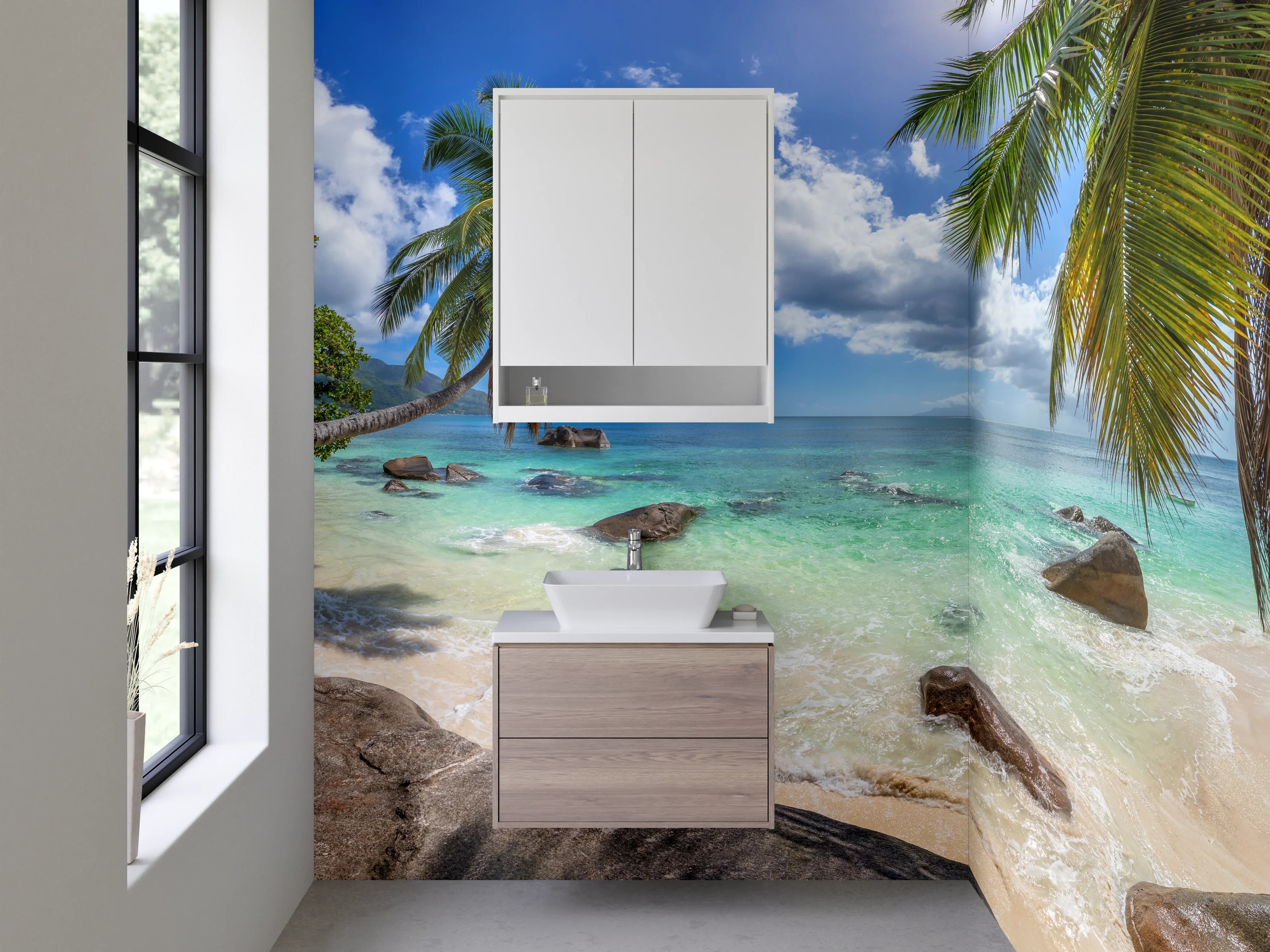 Waschbecken-Rückwand - Traumhafter Strand mit Palmen
